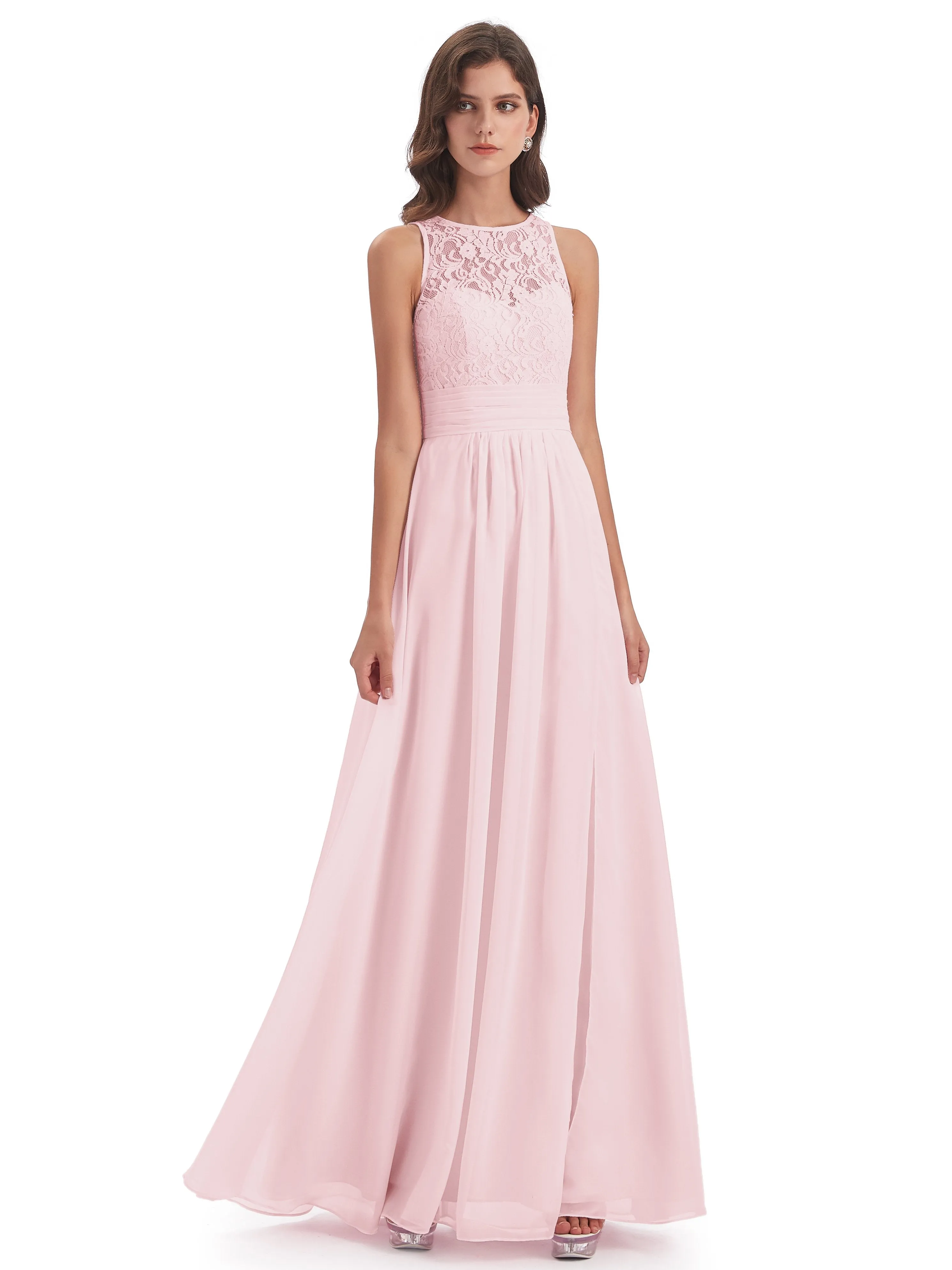 Bonnie Lace/Chiffon Sheath Keyhole Long Bridesmaid Dresses