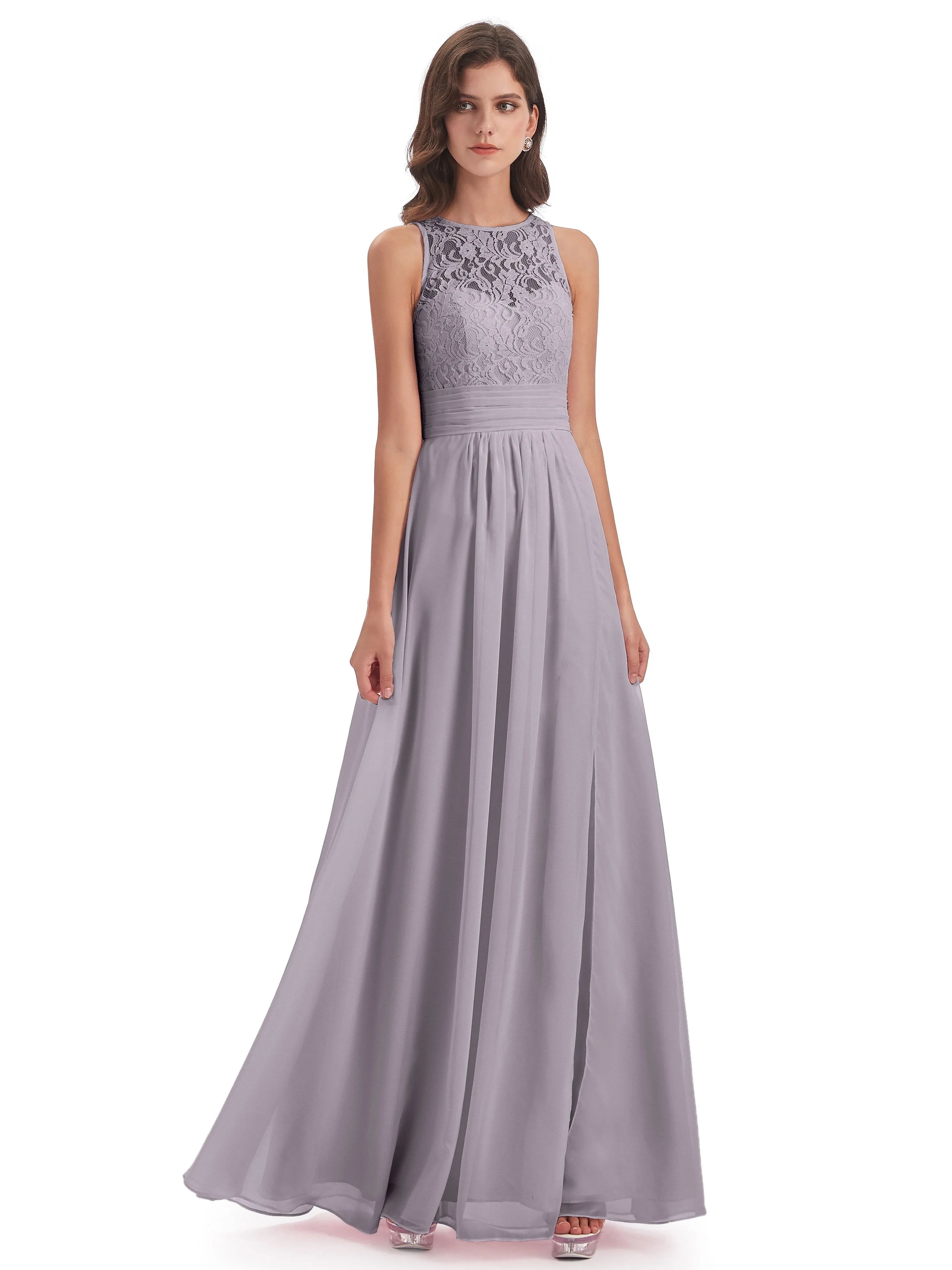 Bonnie Lace/Chiffon Sheath Keyhole Long Bridesmaid Dresses