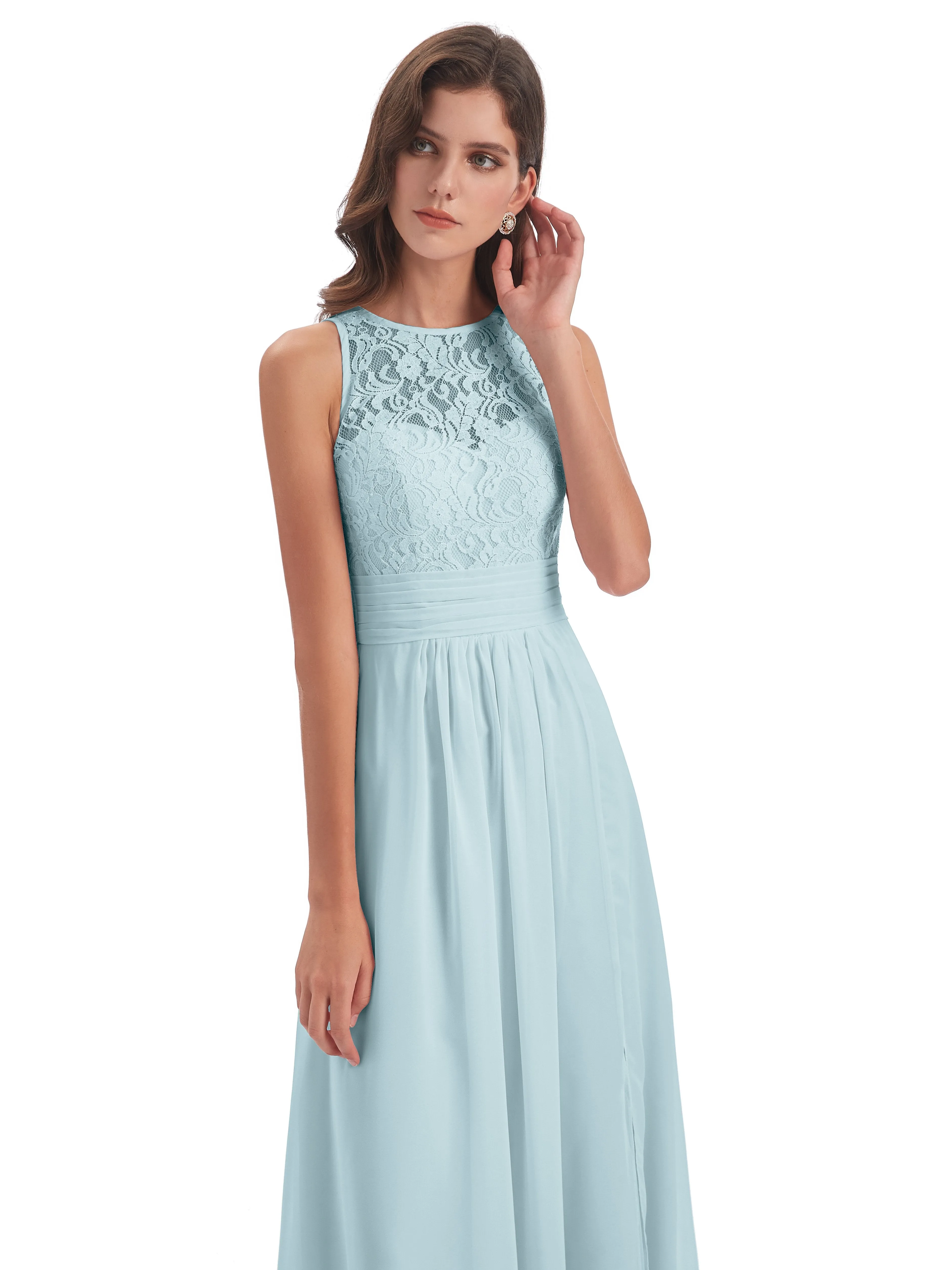 Bonnie Lace/Chiffon Sheath Keyhole Long Bridesmaid Dresses