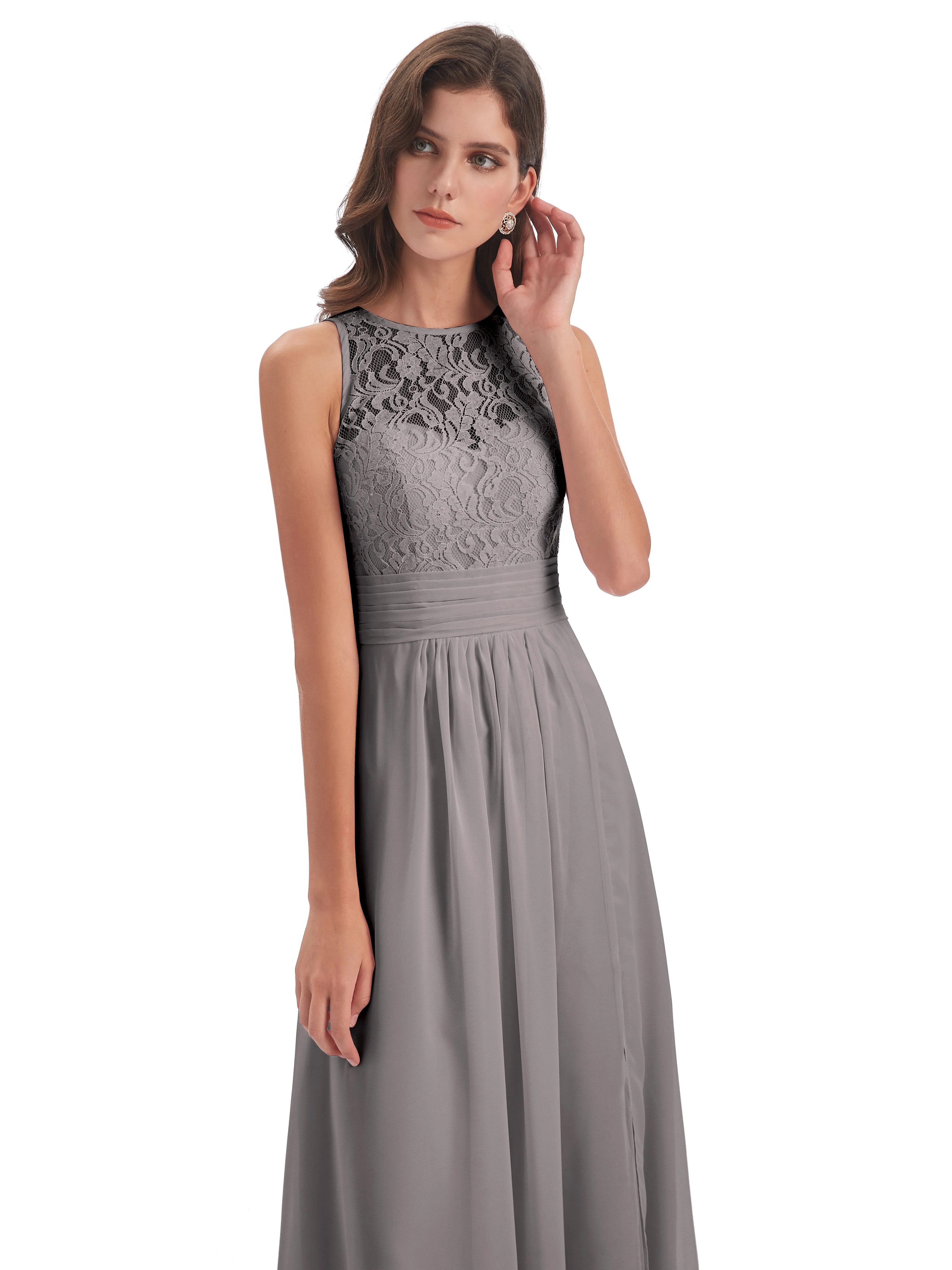 Bonnie Lace/Chiffon Sheath Keyhole Long Bridesmaid Dresses