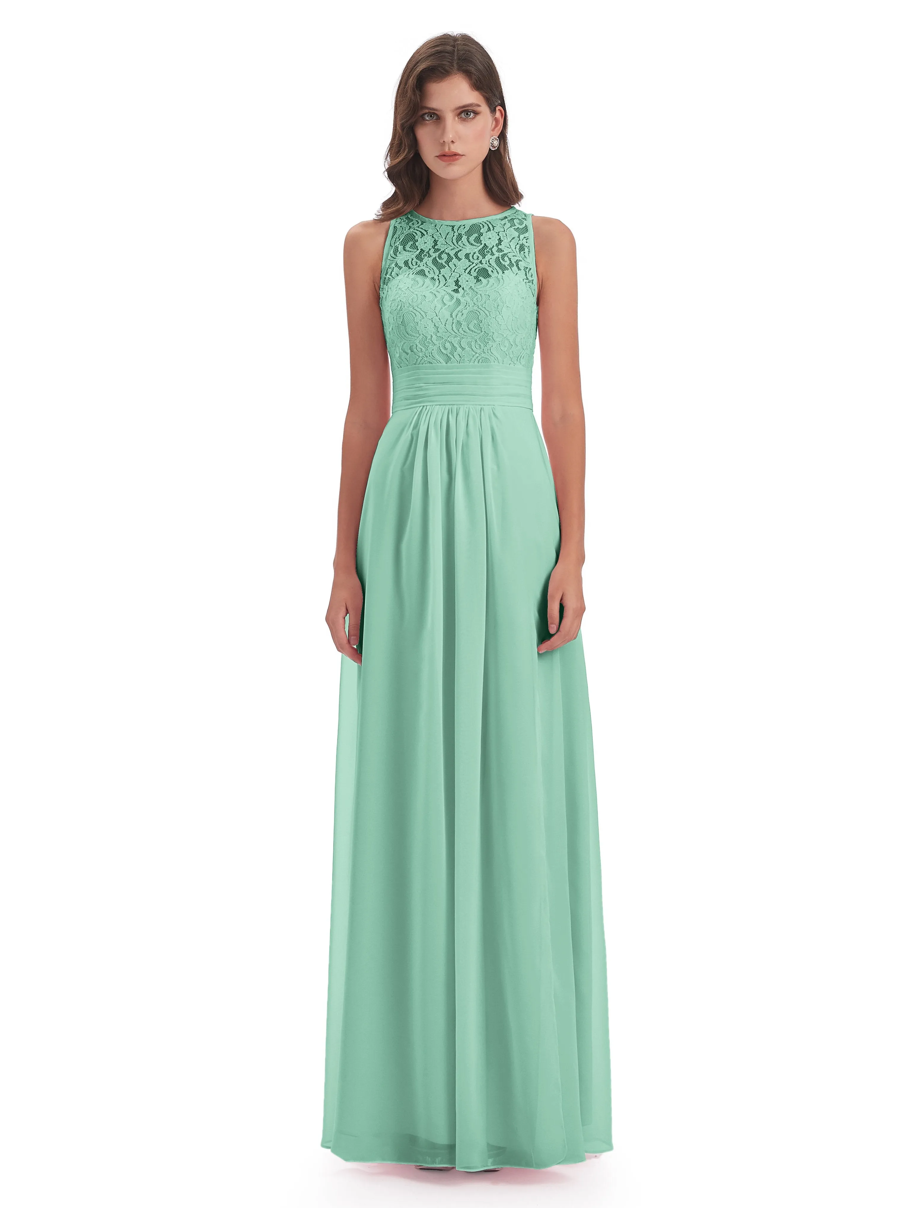 Bonnie Lace/Chiffon Sheath Keyhole Long Bridesmaid Dresses