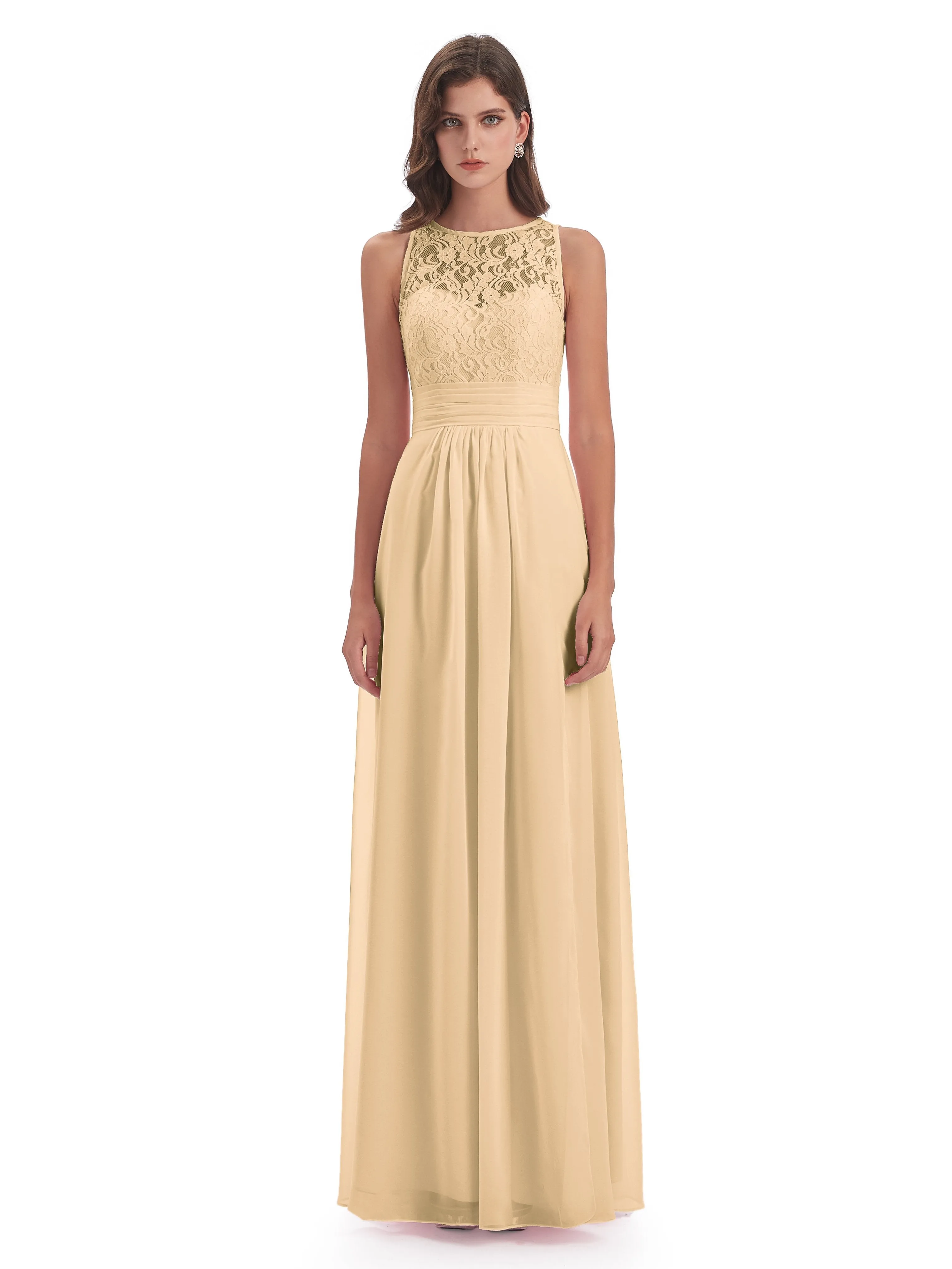 Bonnie Lace/Chiffon Sheath Keyhole Long Bridesmaid Dresses