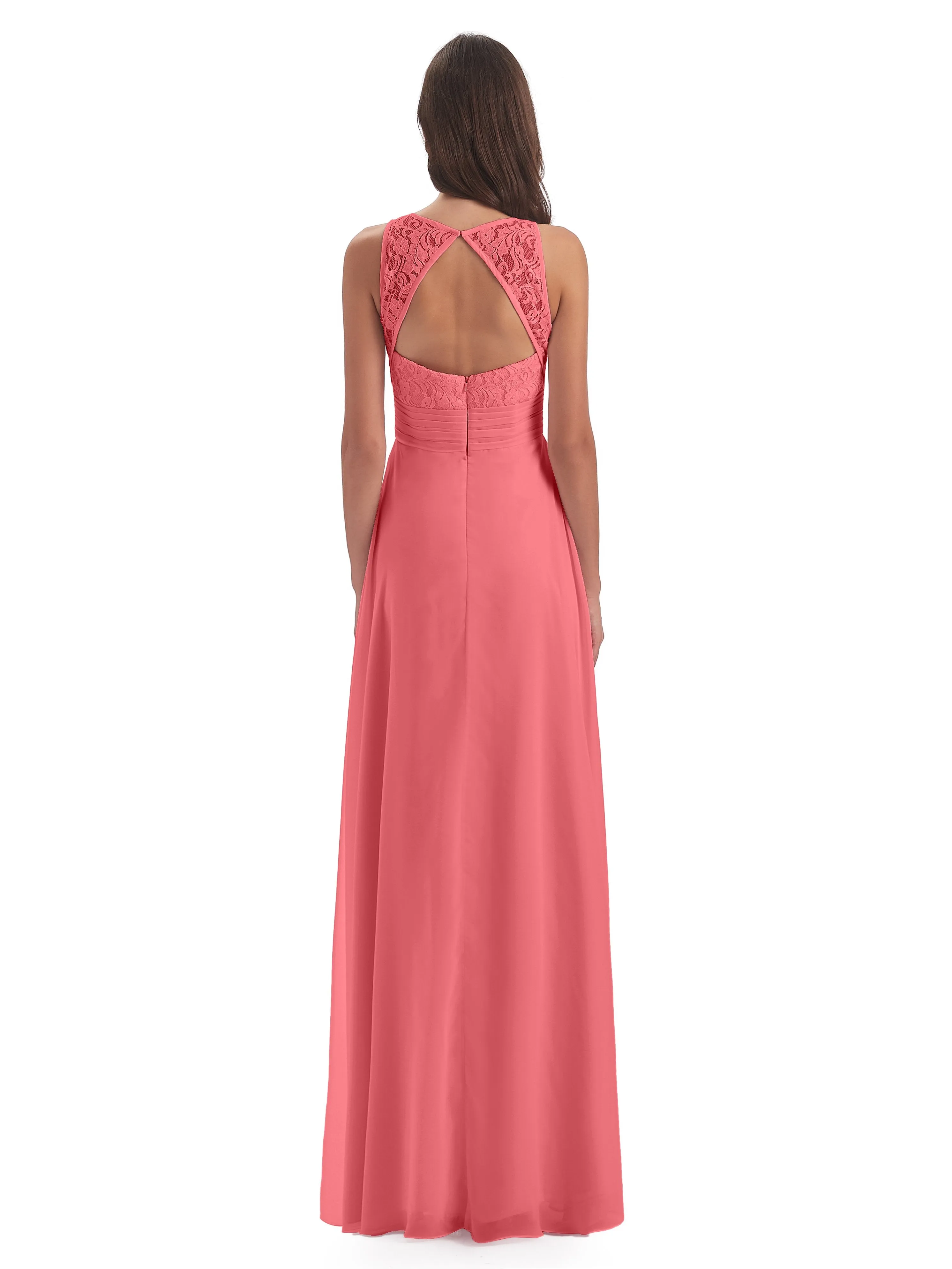 Bonnie Lace/Chiffon Sheath Keyhole Long Bridesmaid Dresses