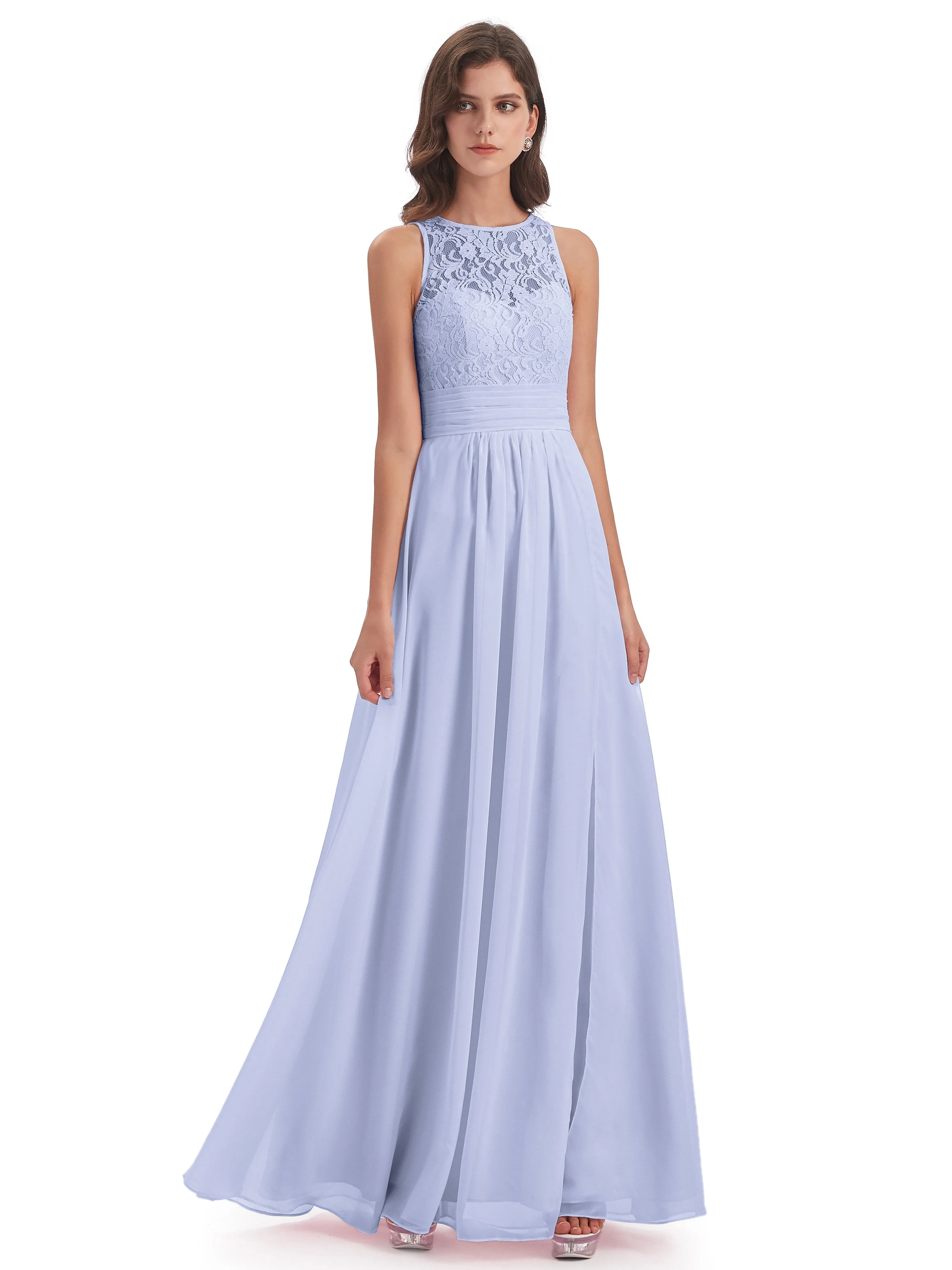 Bonnie Lace/Chiffon Sheath Keyhole Long Bridesmaid Dresses