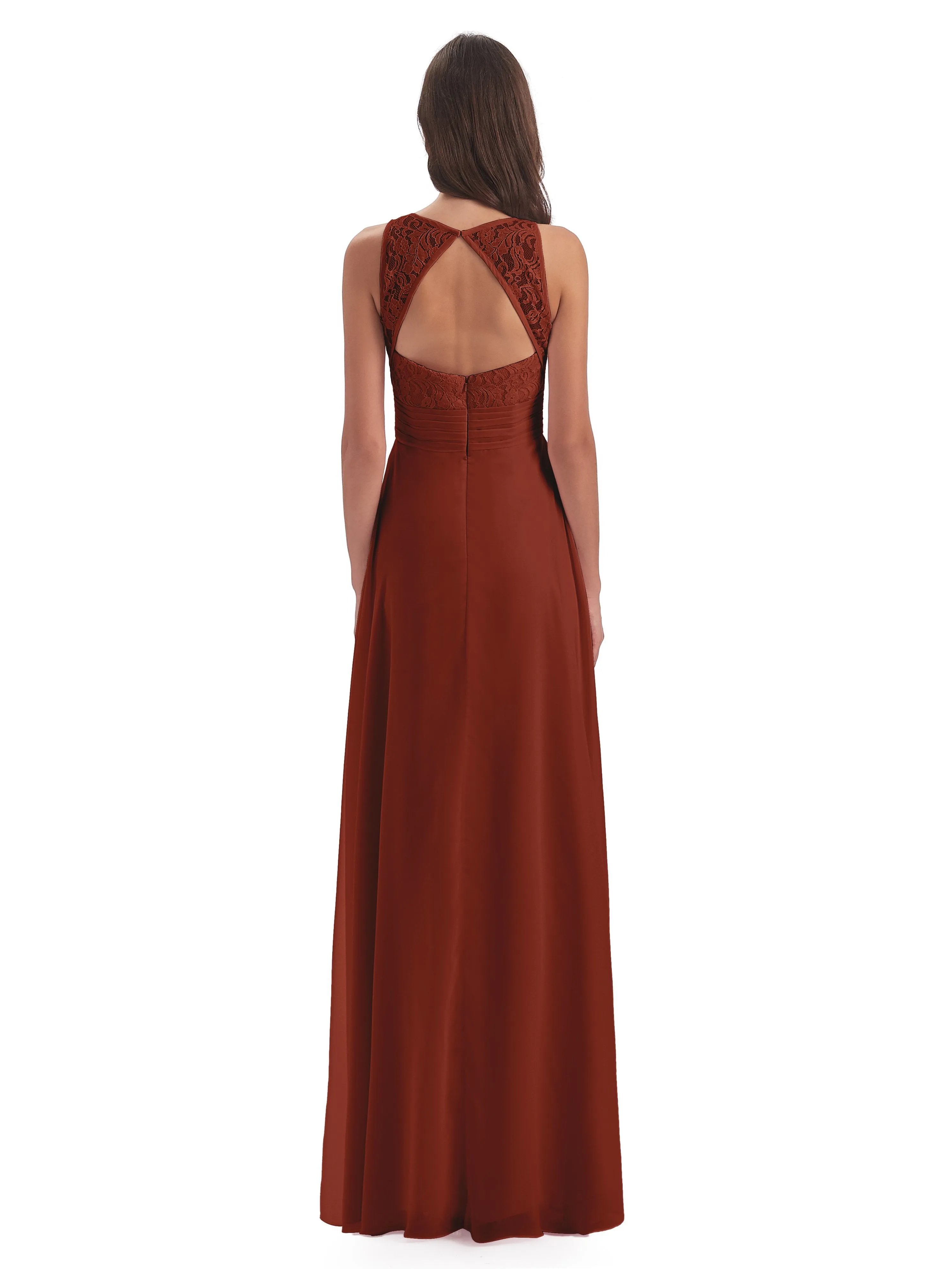 Bonnie Lace/Chiffon Sheath Keyhole Long Bridesmaid Dresses