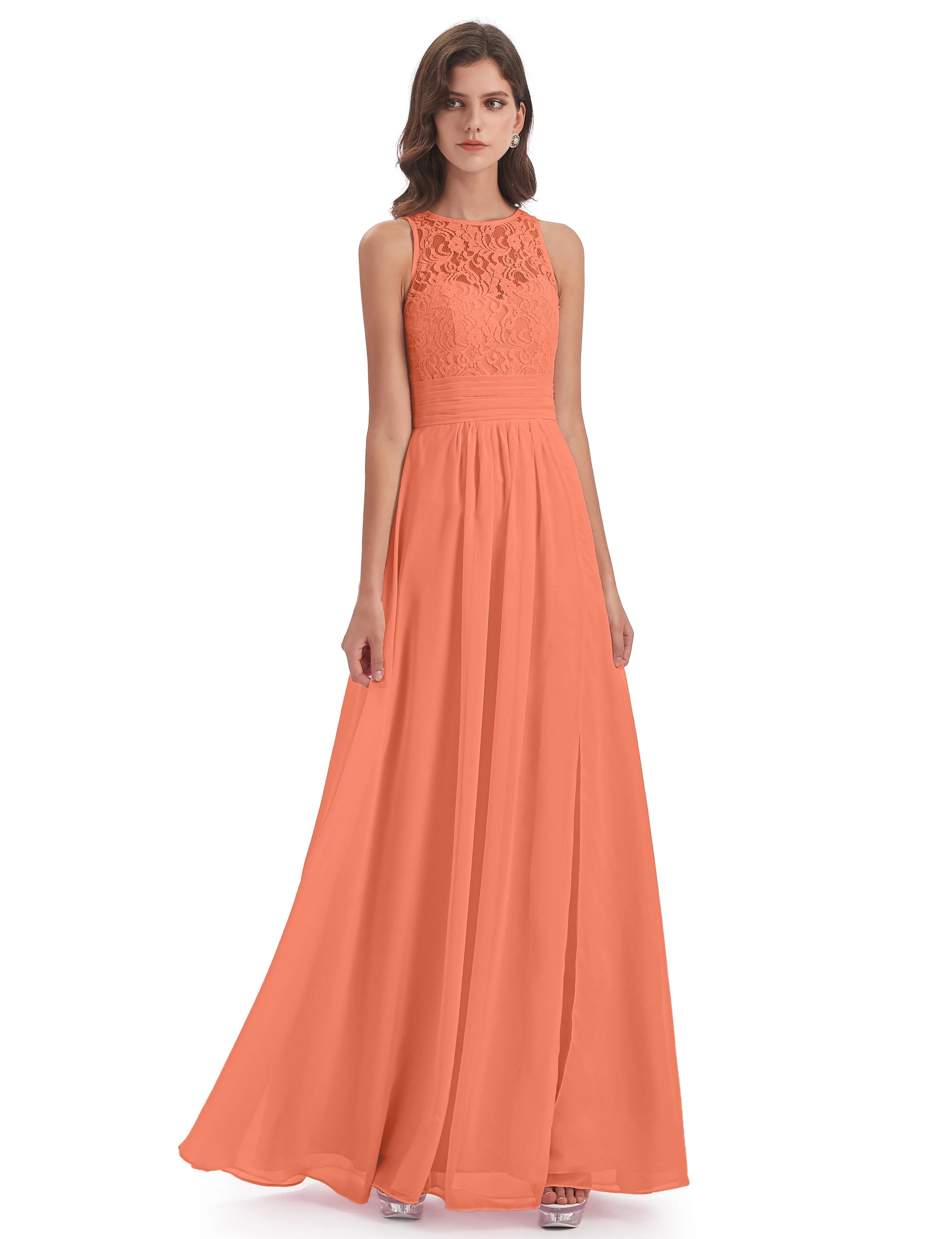 Bonnie Lace/Chiffon Sheath Keyhole Long Bridesmaid Dresses