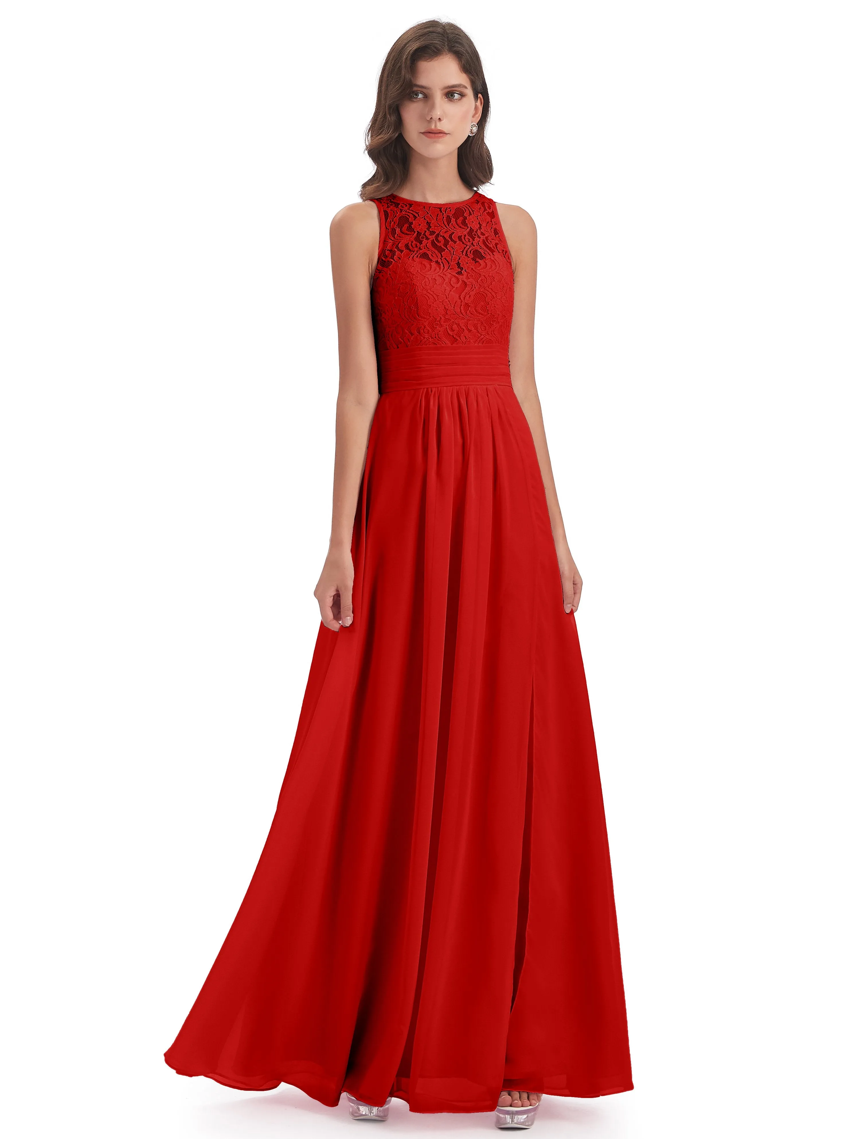 Bonnie Lace/Chiffon Sheath Keyhole Long Bridesmaid Dresses