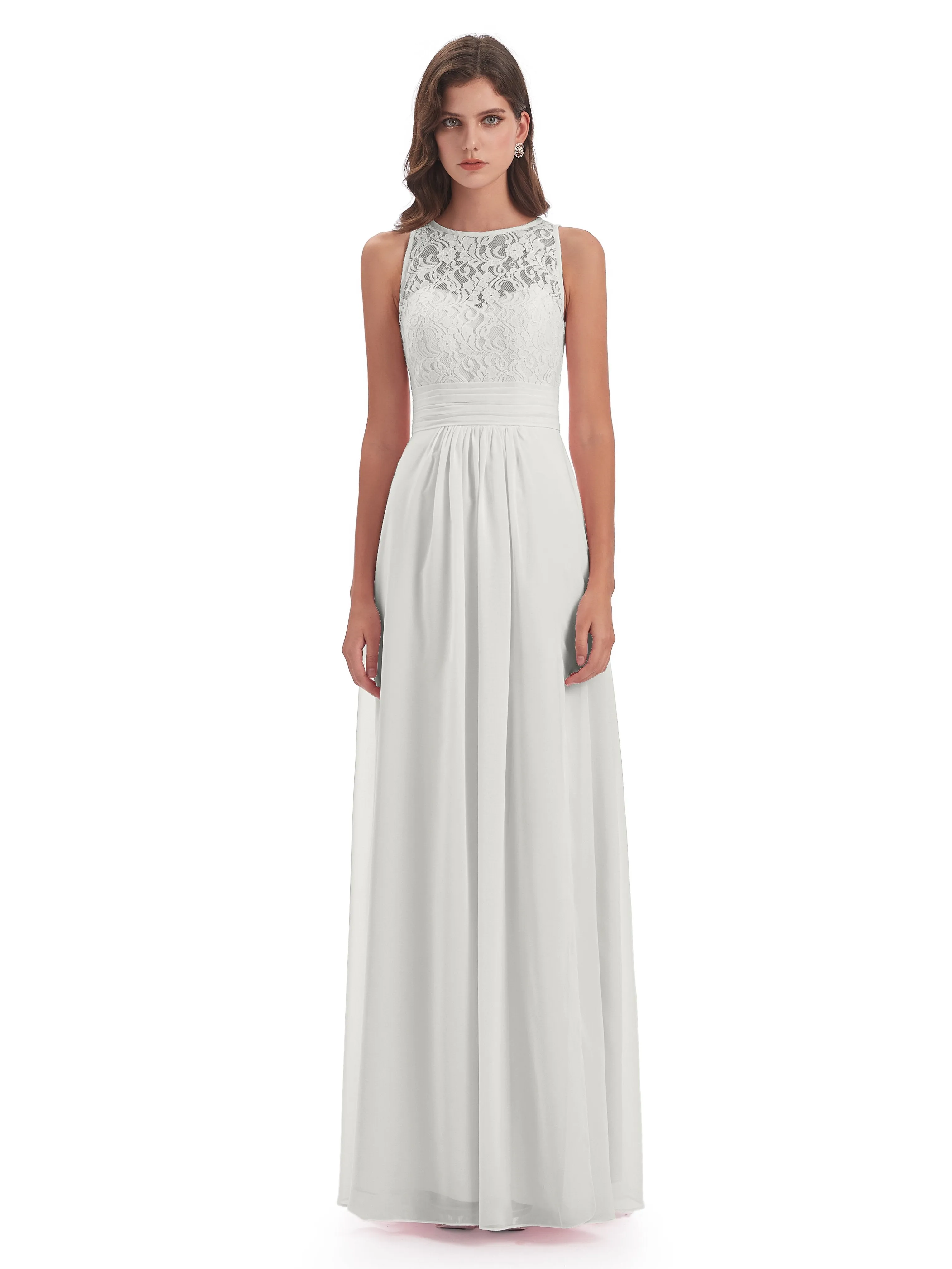 Bonnie Lace/Chiffon Sheath Keyhole Long Bridesmaid Dresses