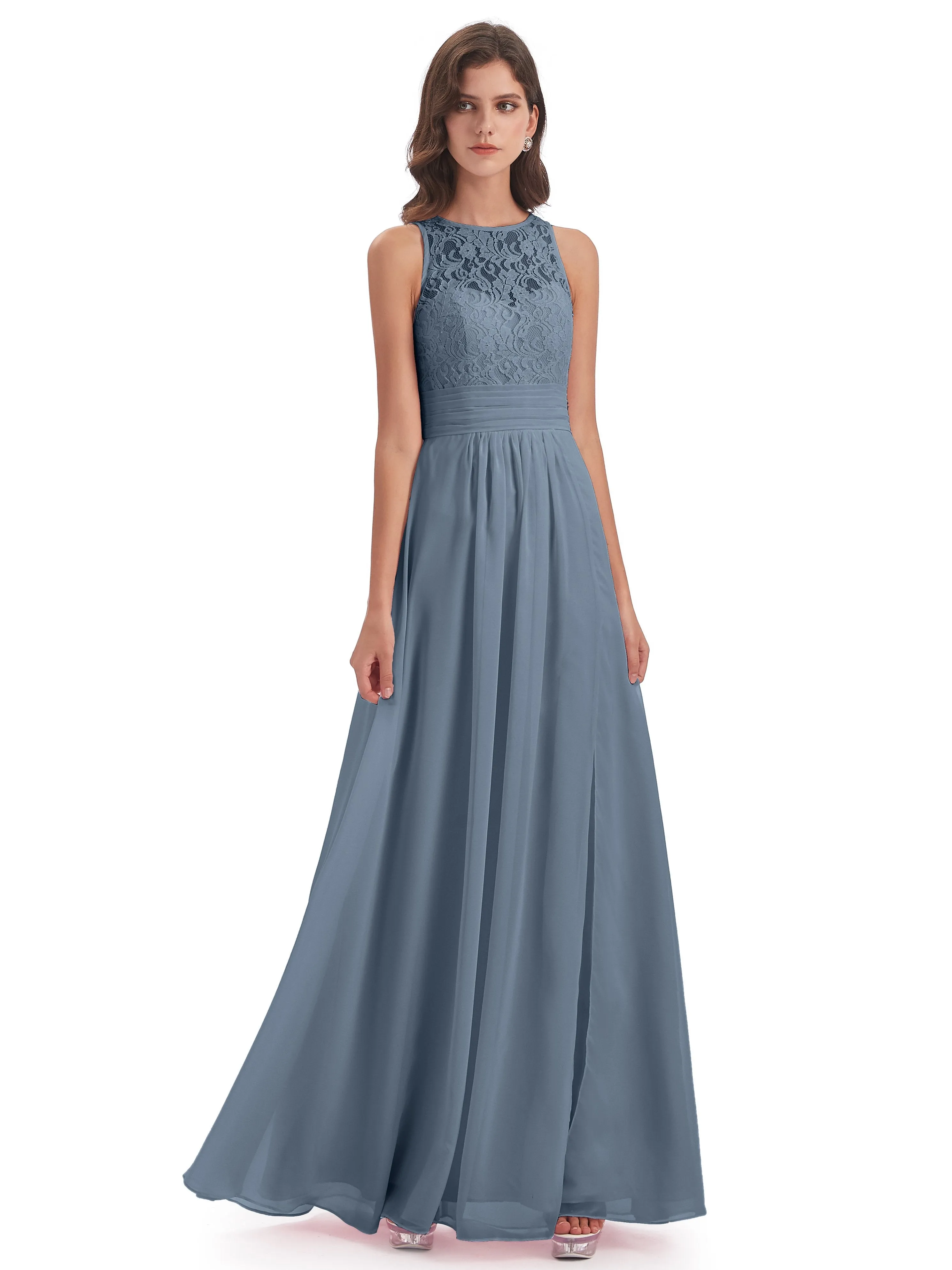 Bonnie Lace/Chiffon Sheath Keyhole Long Bridesmaid Dresses