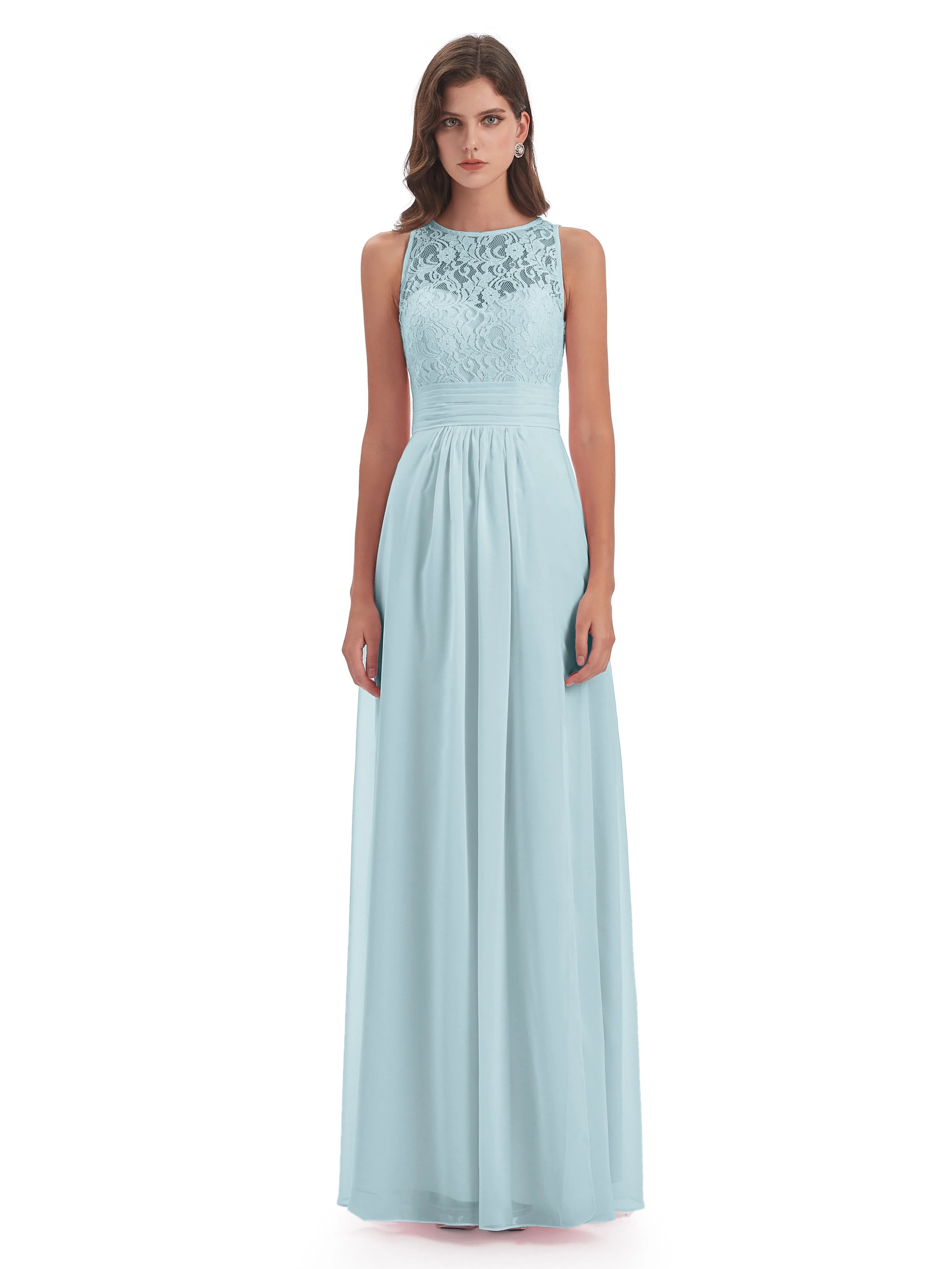 Bonnie Lace/Chiffon Sheath Keyhole Long Bridesmaid Dresses