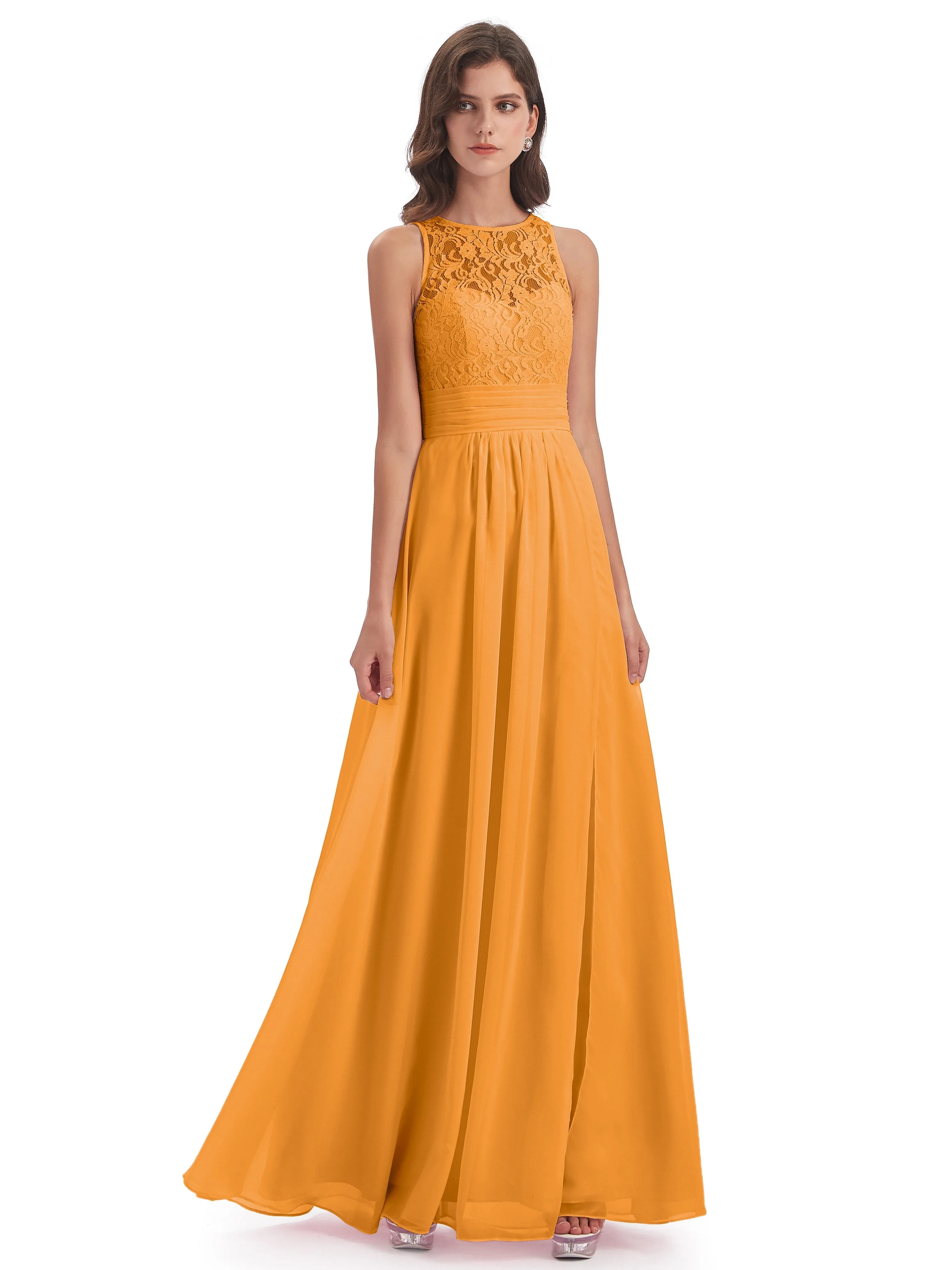 Bonnie Lace/Chiffon Sheath Keyhole Long Bridesmaid Dresses