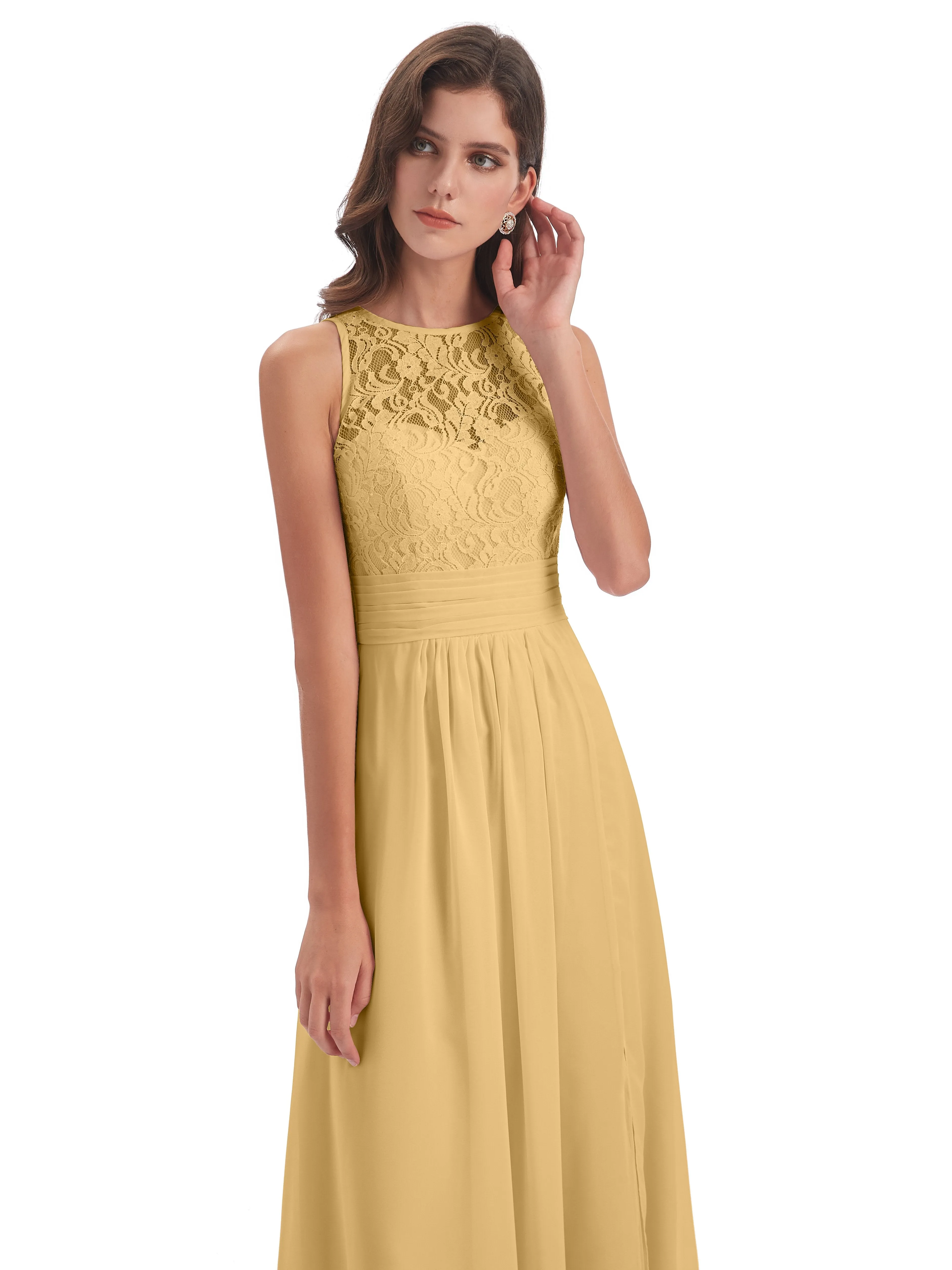 Bonnie Lace/Chiffon Sheath Keyhole Long Bridesmaid Dresses