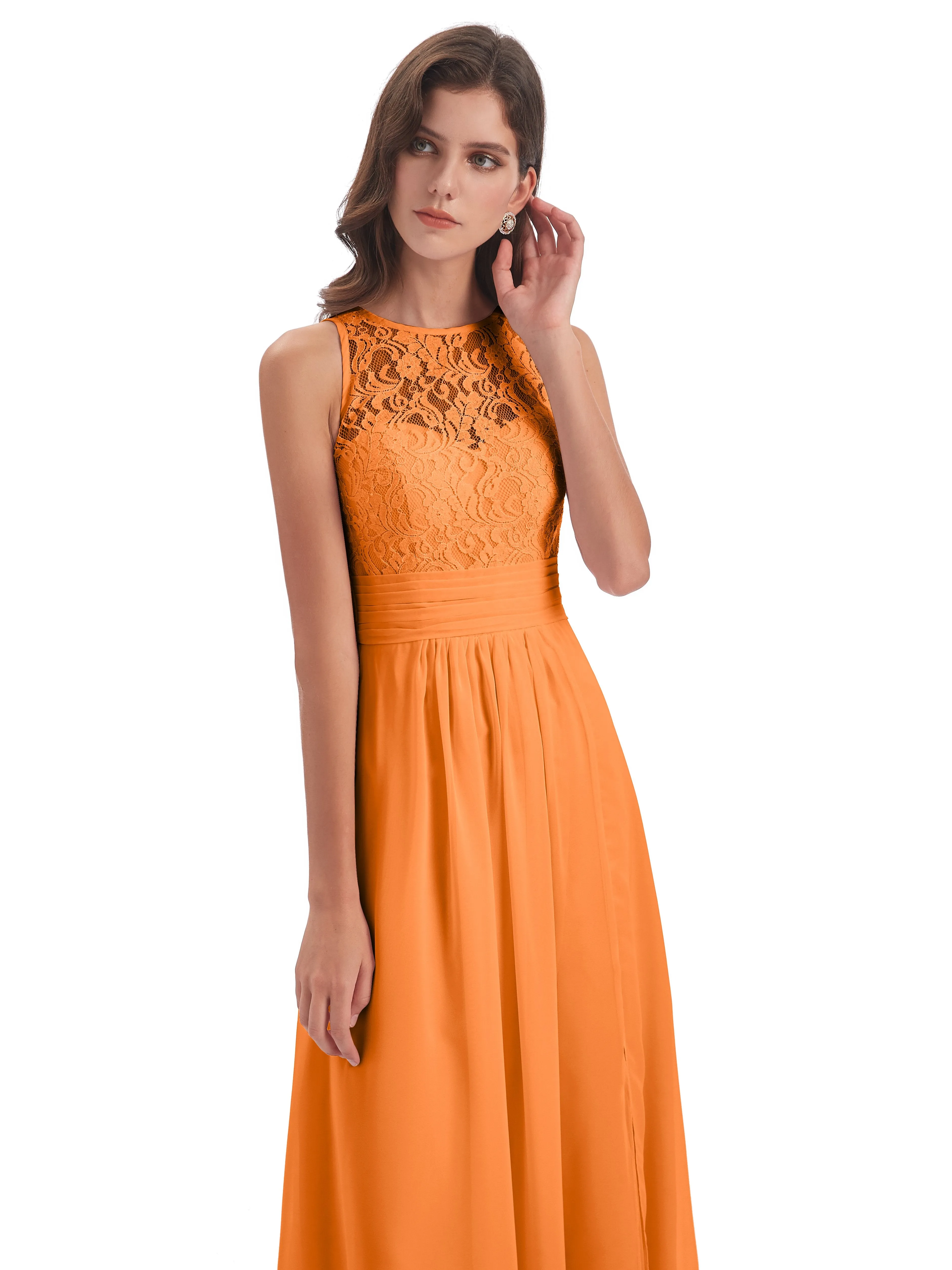 Bonnie Lace/Chiffon Sheath Keyhole Long Bridesmaid Dresses