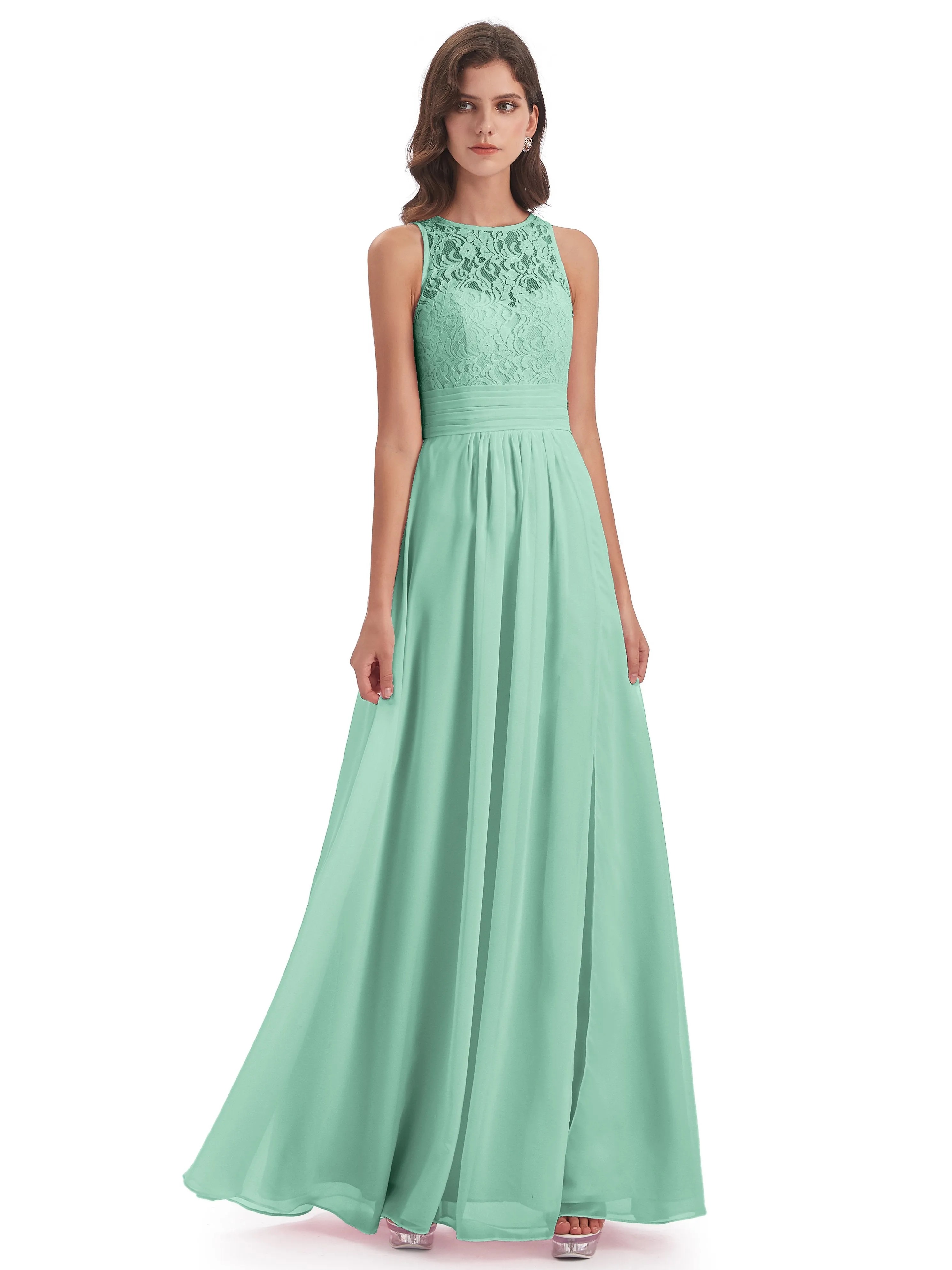 Bonnie Lace/Chiffon Sheath Keyhole Long Bridesmaid Dresses