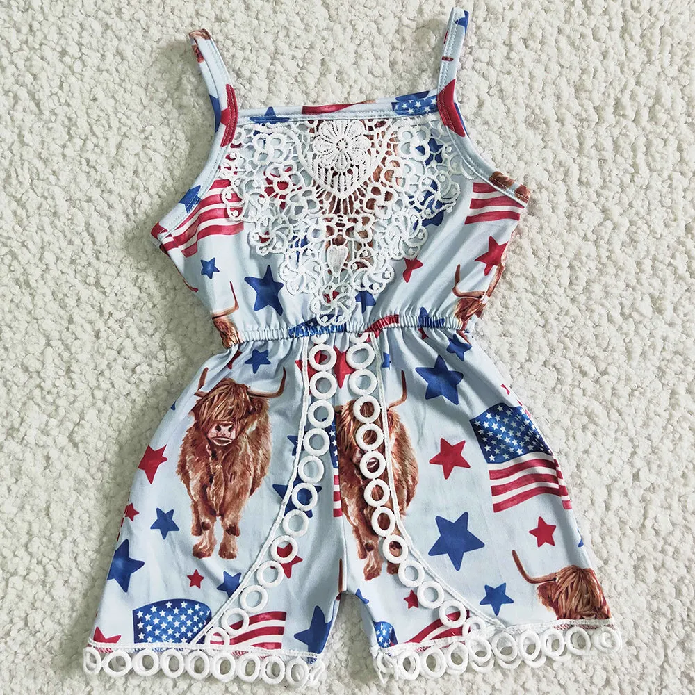 Boutique Baby Girls Jumpsuit Suspender Romper July 4th Toddler Girls Jumpsuit Cow Star print Summer Clothing SR0053