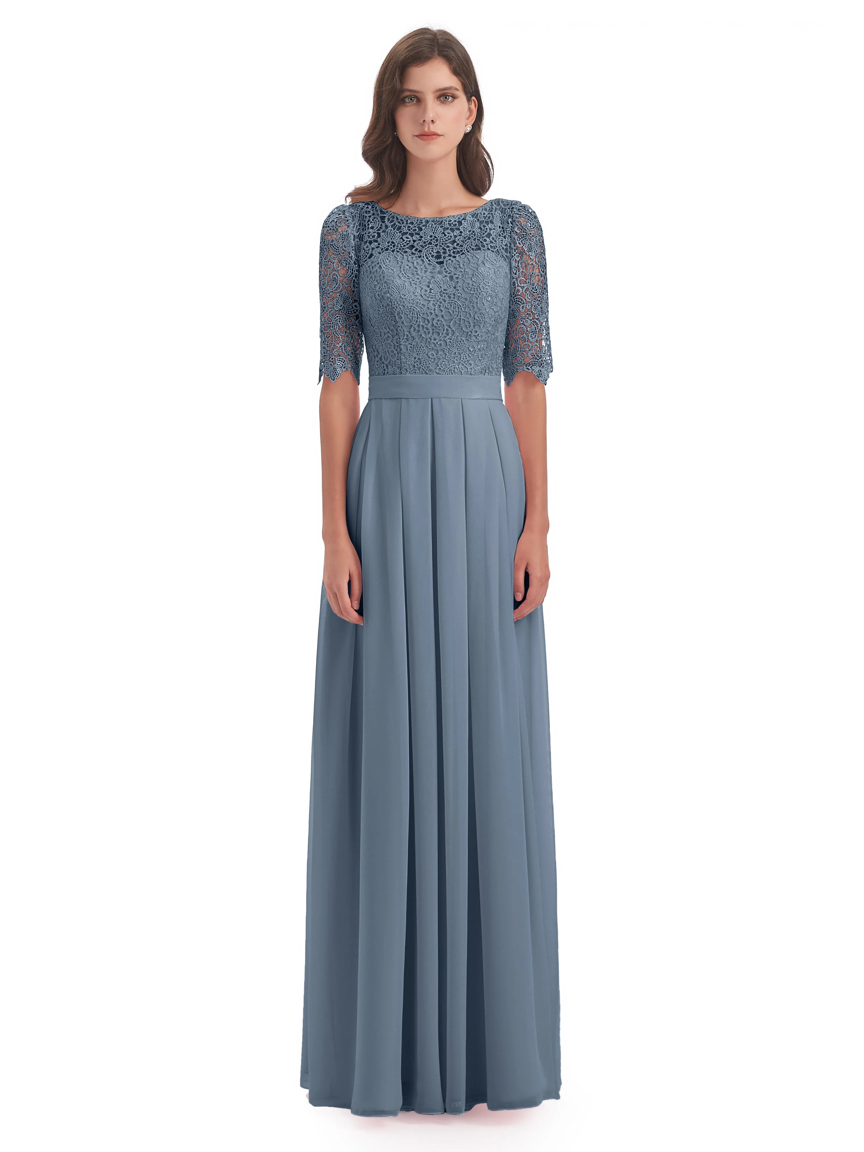 Brielle Impressive Lace Half Sleeves Chiffon Long Bridesmaid Dresses