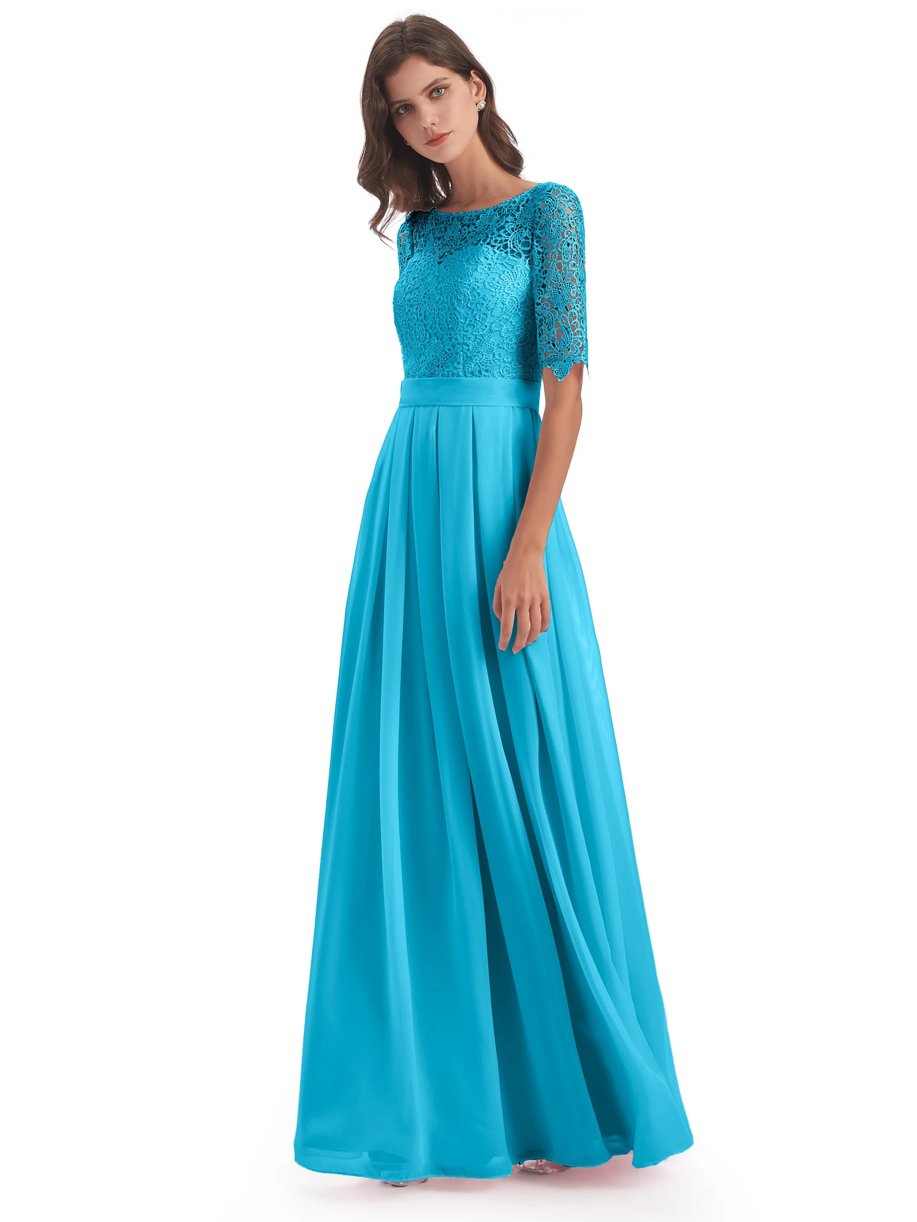 Brielle Impressive Lace Half Sleeves Chiffon Long Bridesmaid Dresses