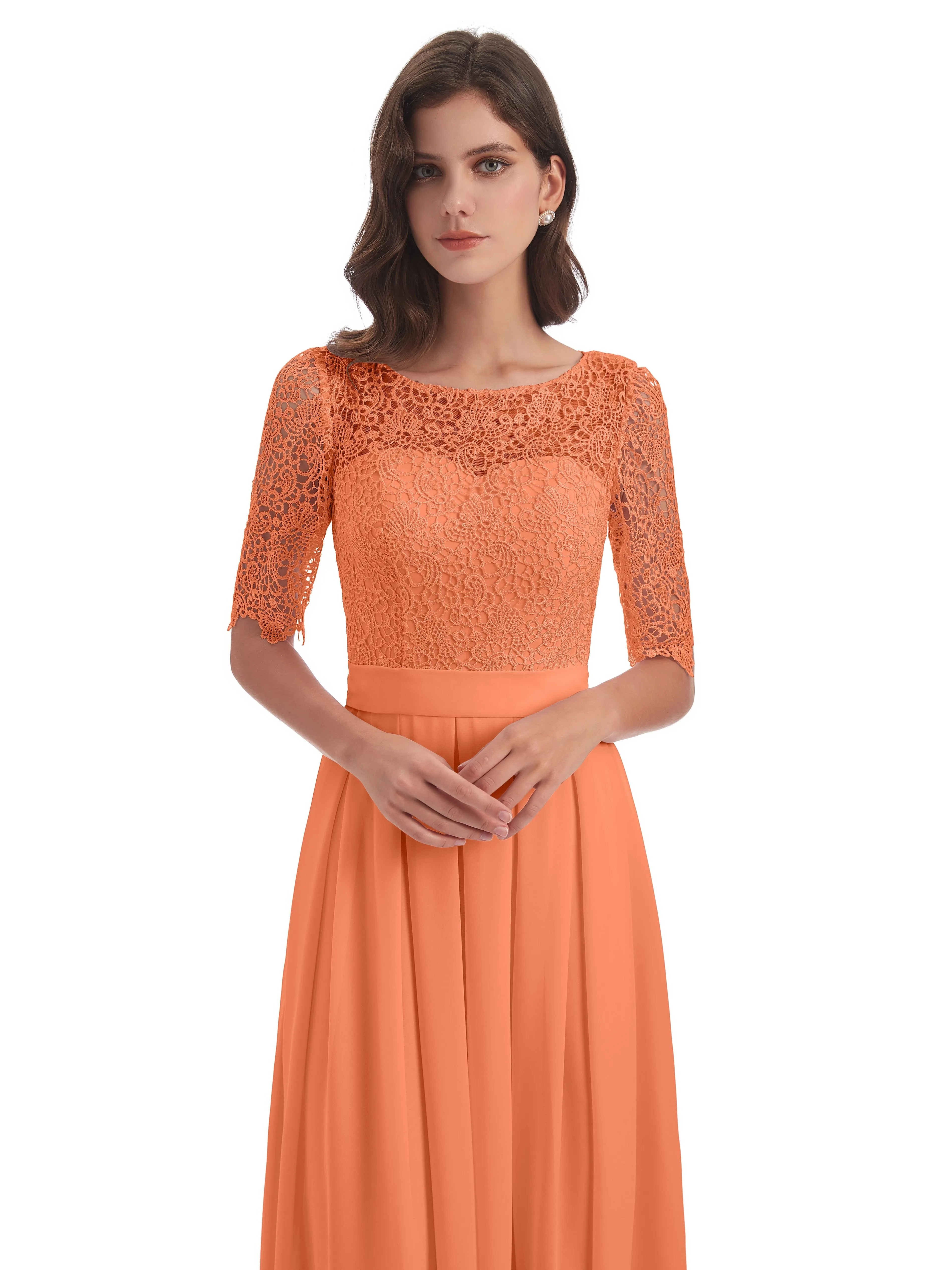 Brielle Impressive Lace Half Sleeves Chiffon Long Bridesmaid Dresses