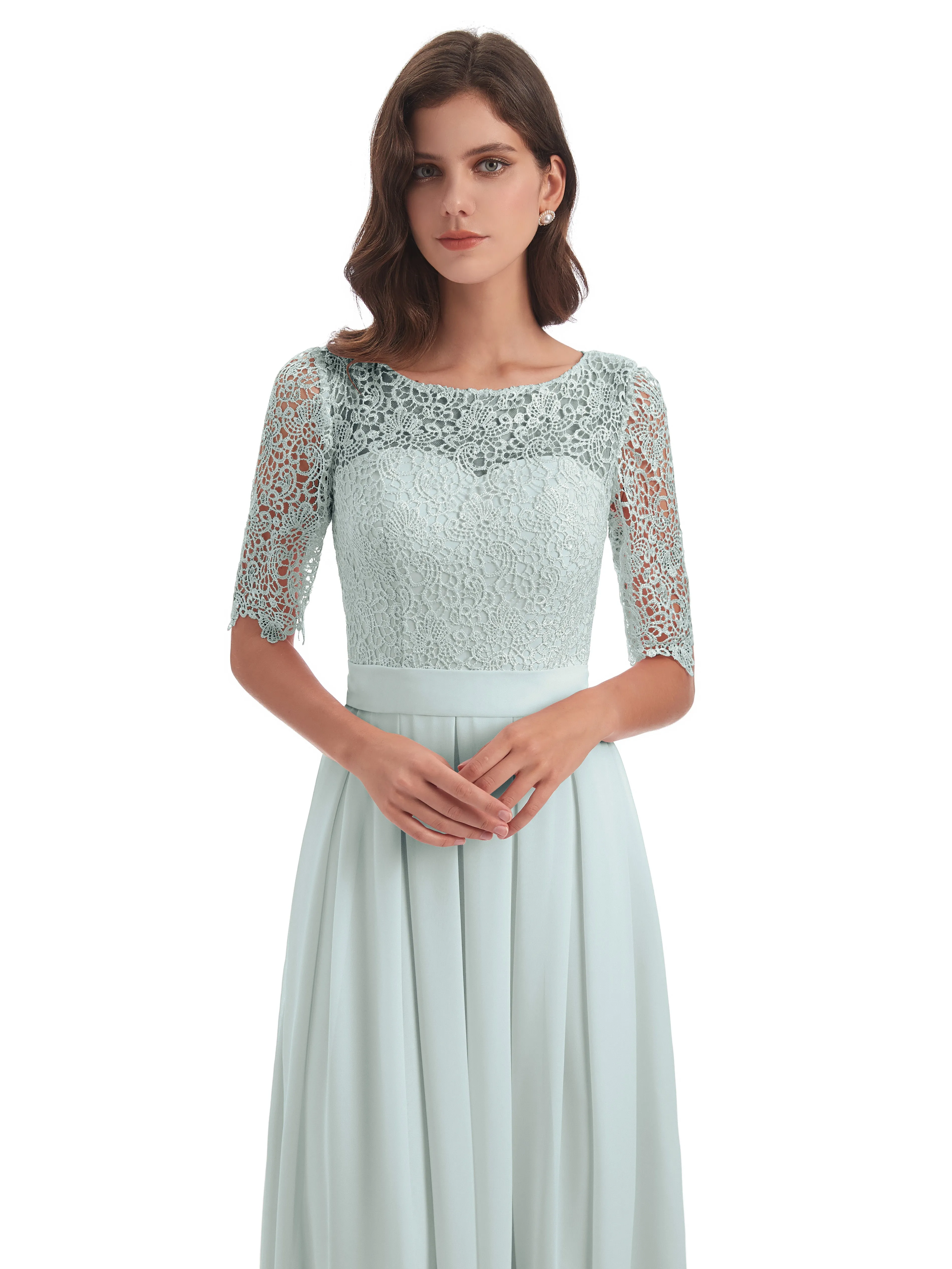 Brielle Impressive Lace Half Sleeves Chiffon Long Bridesmaid Dresses