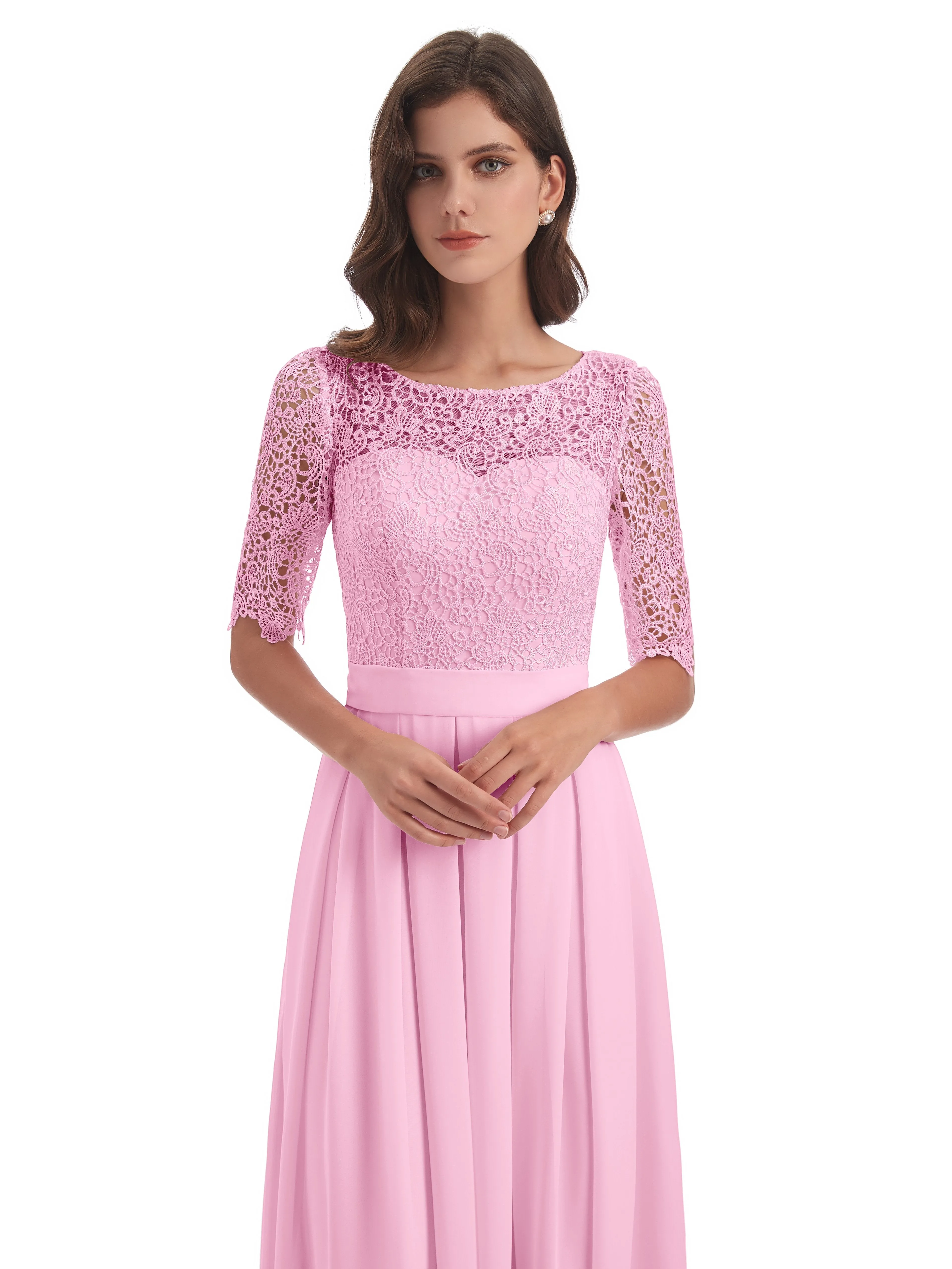 Brielle Impressive Lace Half Sleeves Chiffon Long Bridesmaid Dresses