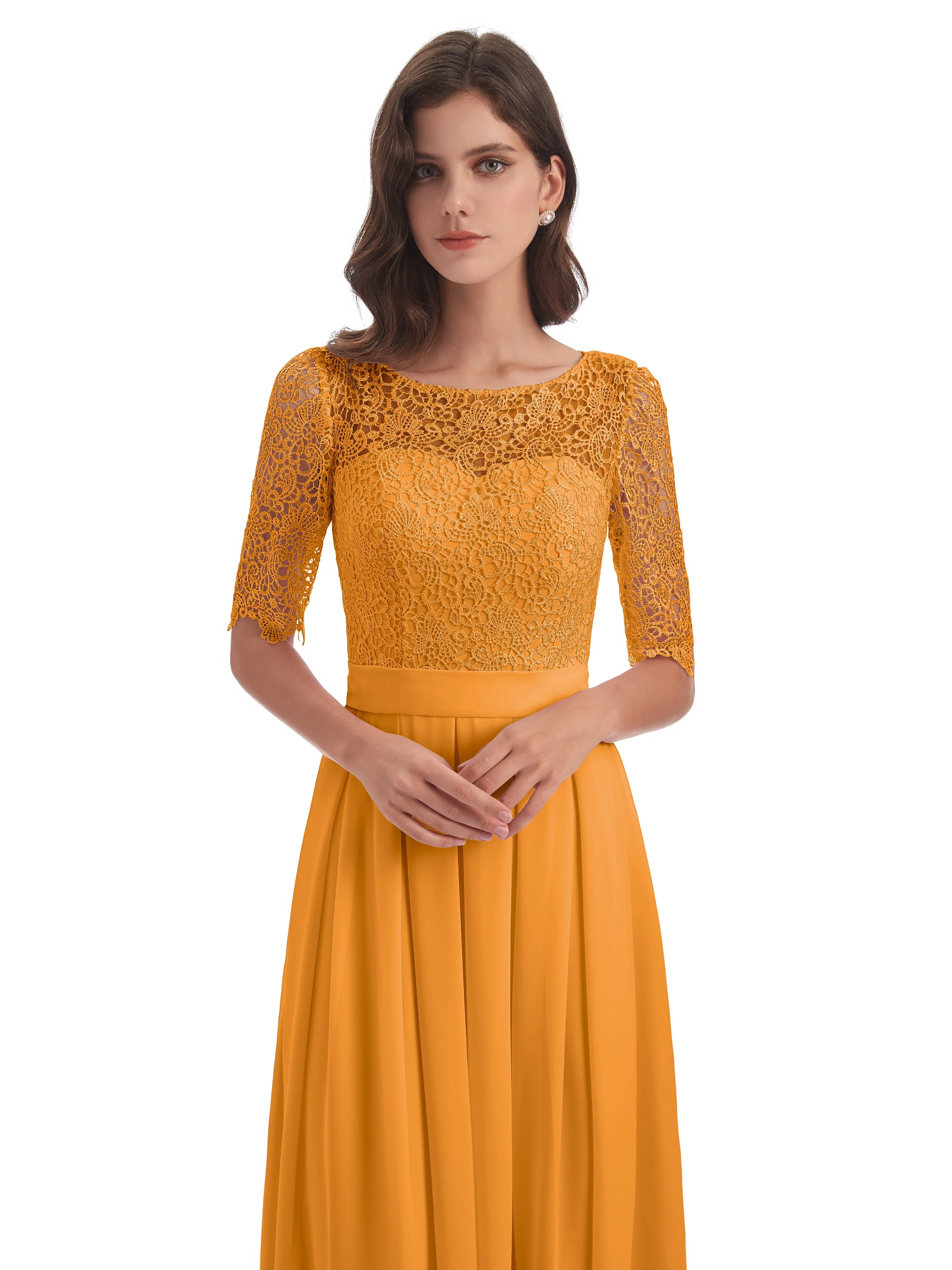 Brielle Impressive Lace Half Sleeves Chiffon Long Bridesmaid Dresses