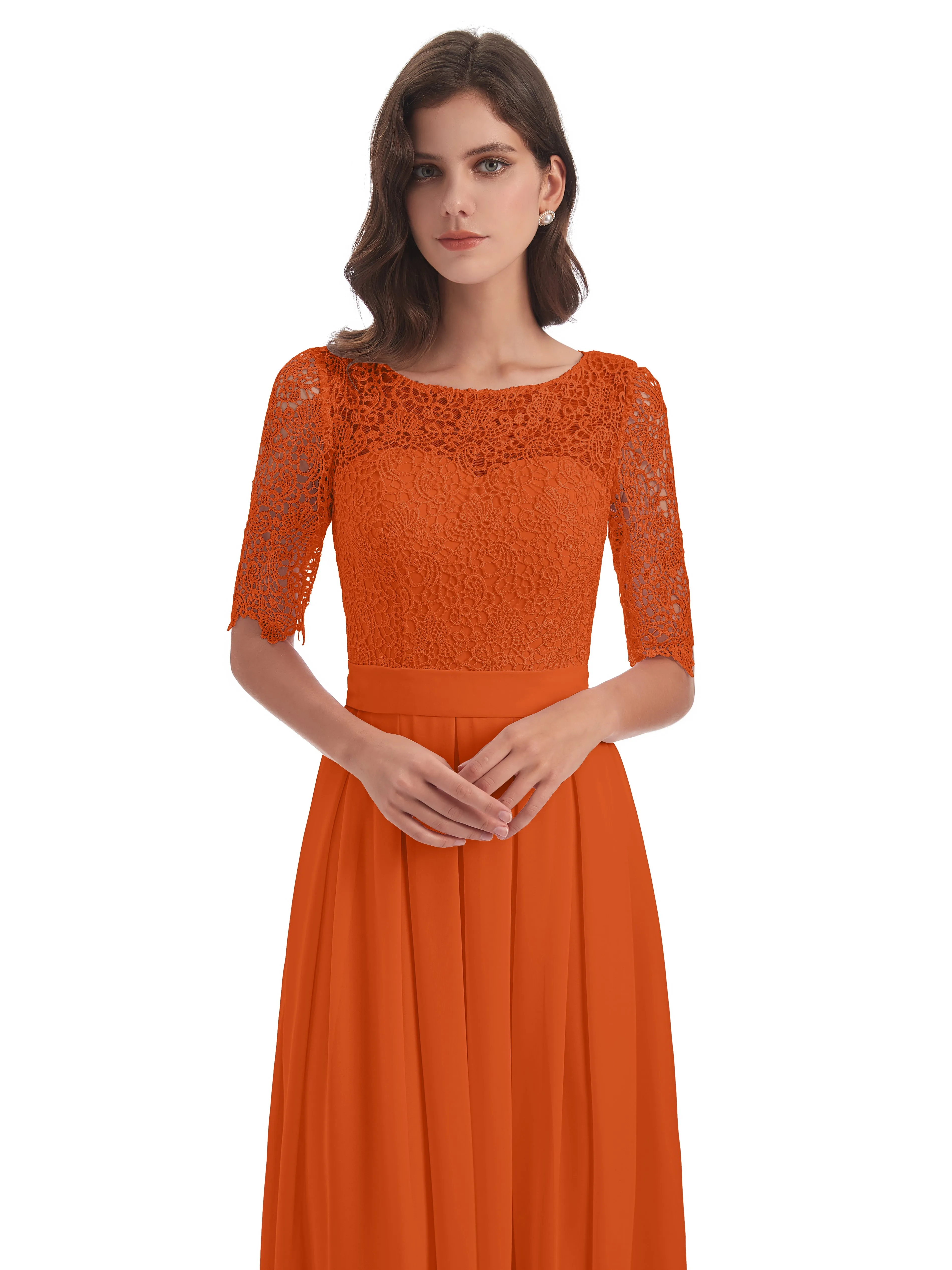 Brielle Impressive Lace Half Sleeves Chiffon Long Bridesmaid Dresses