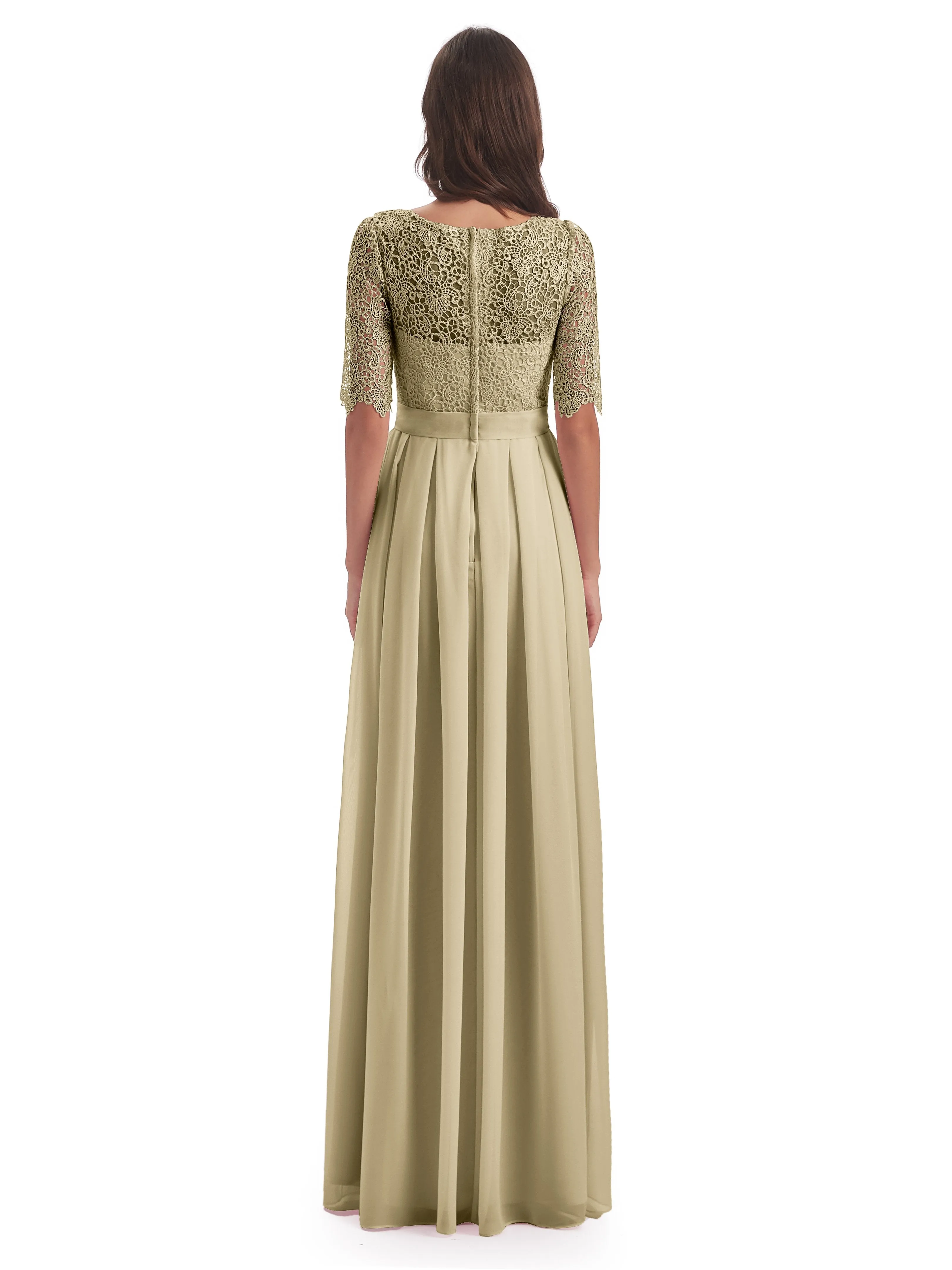 Brielle Impressive Lace Half Sleeves Chiffon Long Bridesmaid Dresses