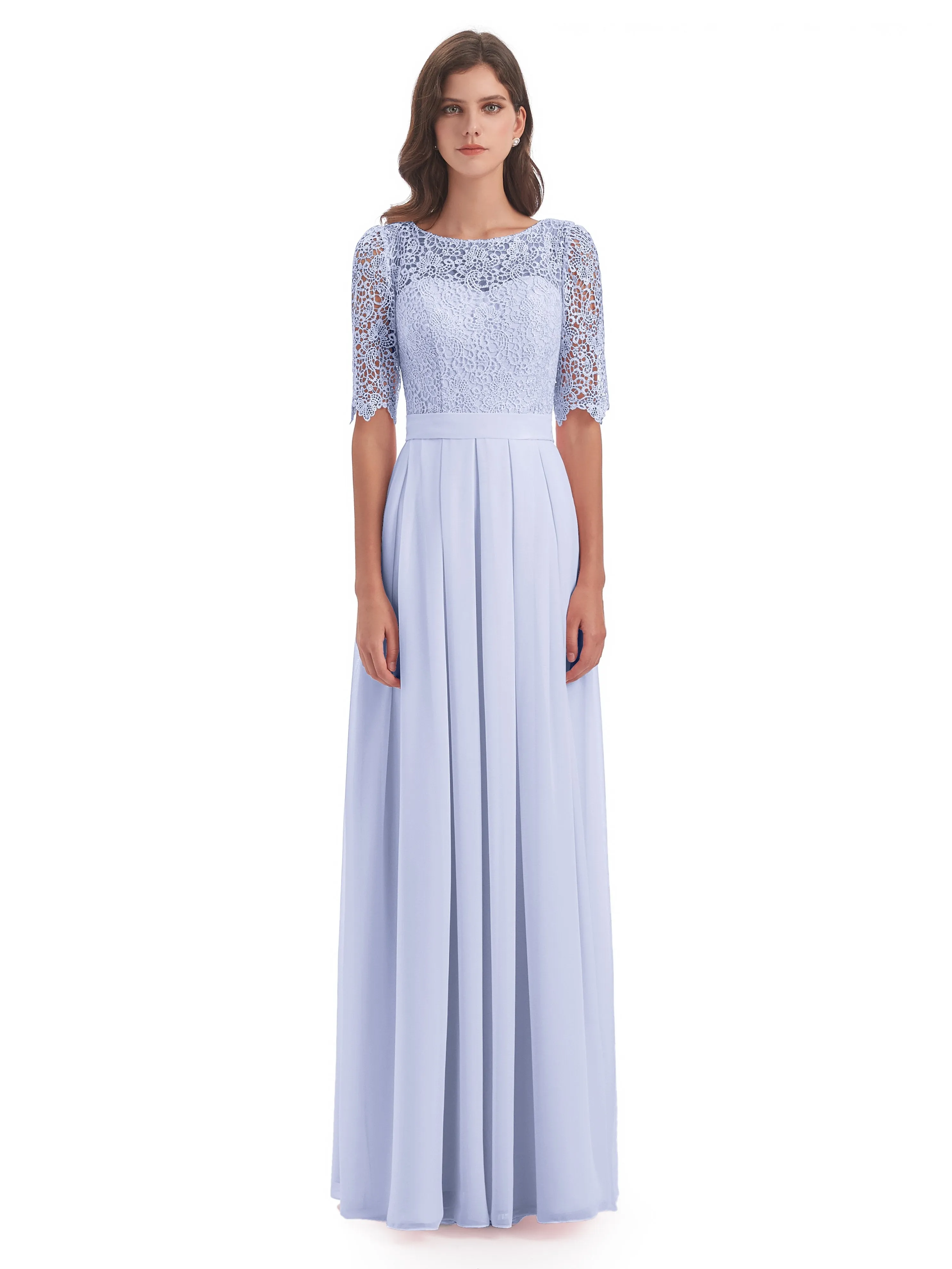 Brielle Impressive Lace Half Sleeves Chiffon Long Bridesmaid Dresses