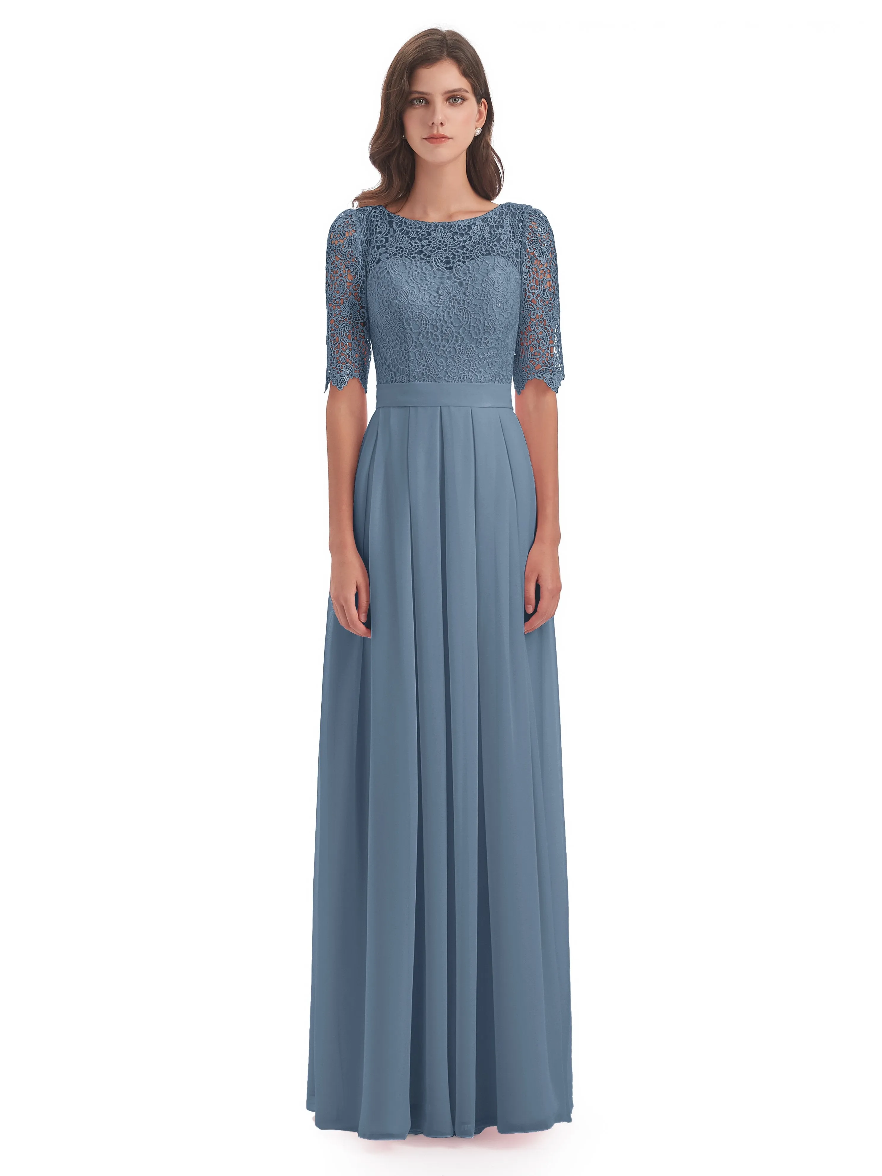 Brielle Impressive Lace Half Sleeves Chiffon Long Bridesmaid Dresses