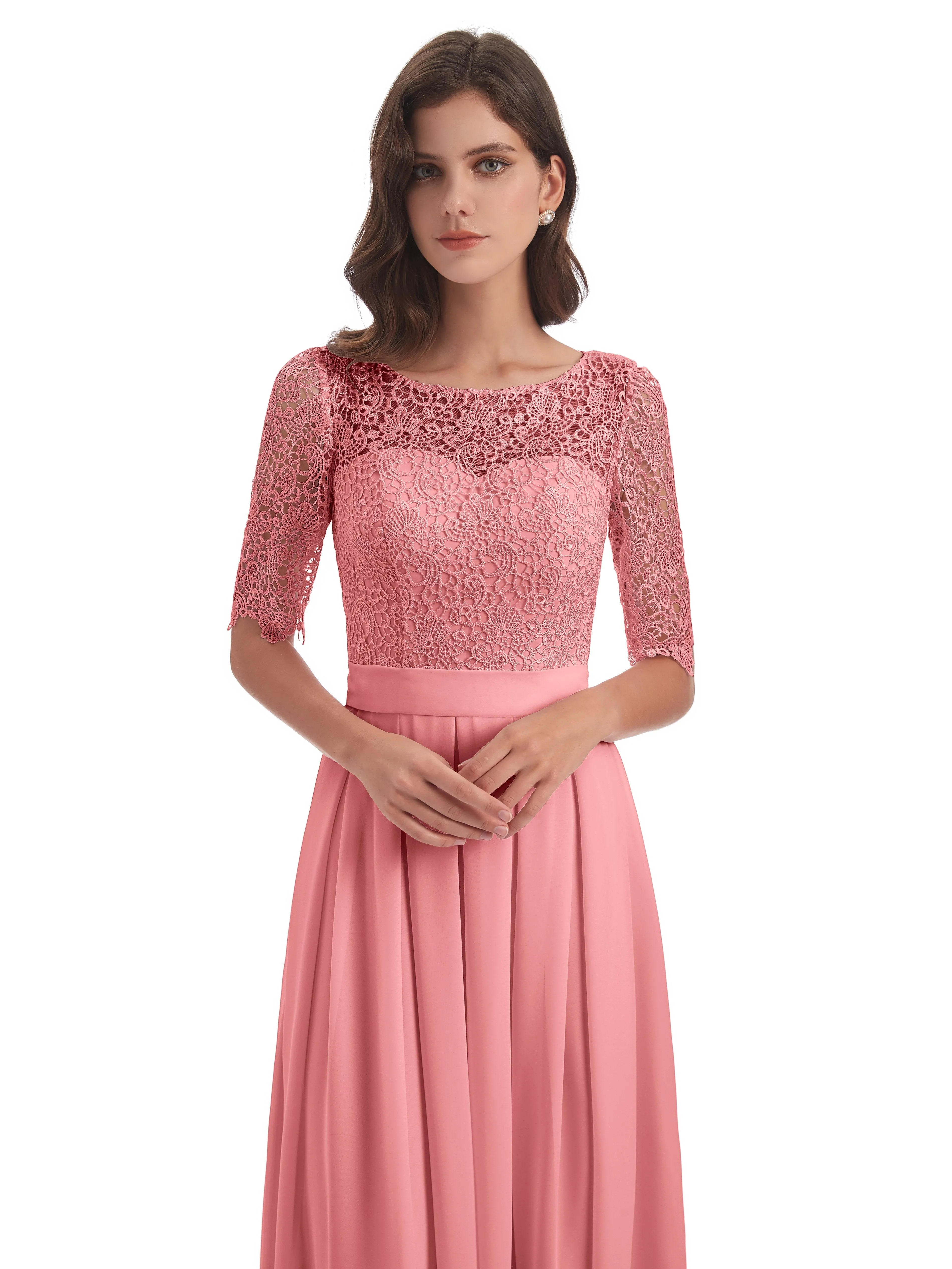 Brielle Impressive Lace Half Sleeves Chiffon Long Bridesmaid Dresses