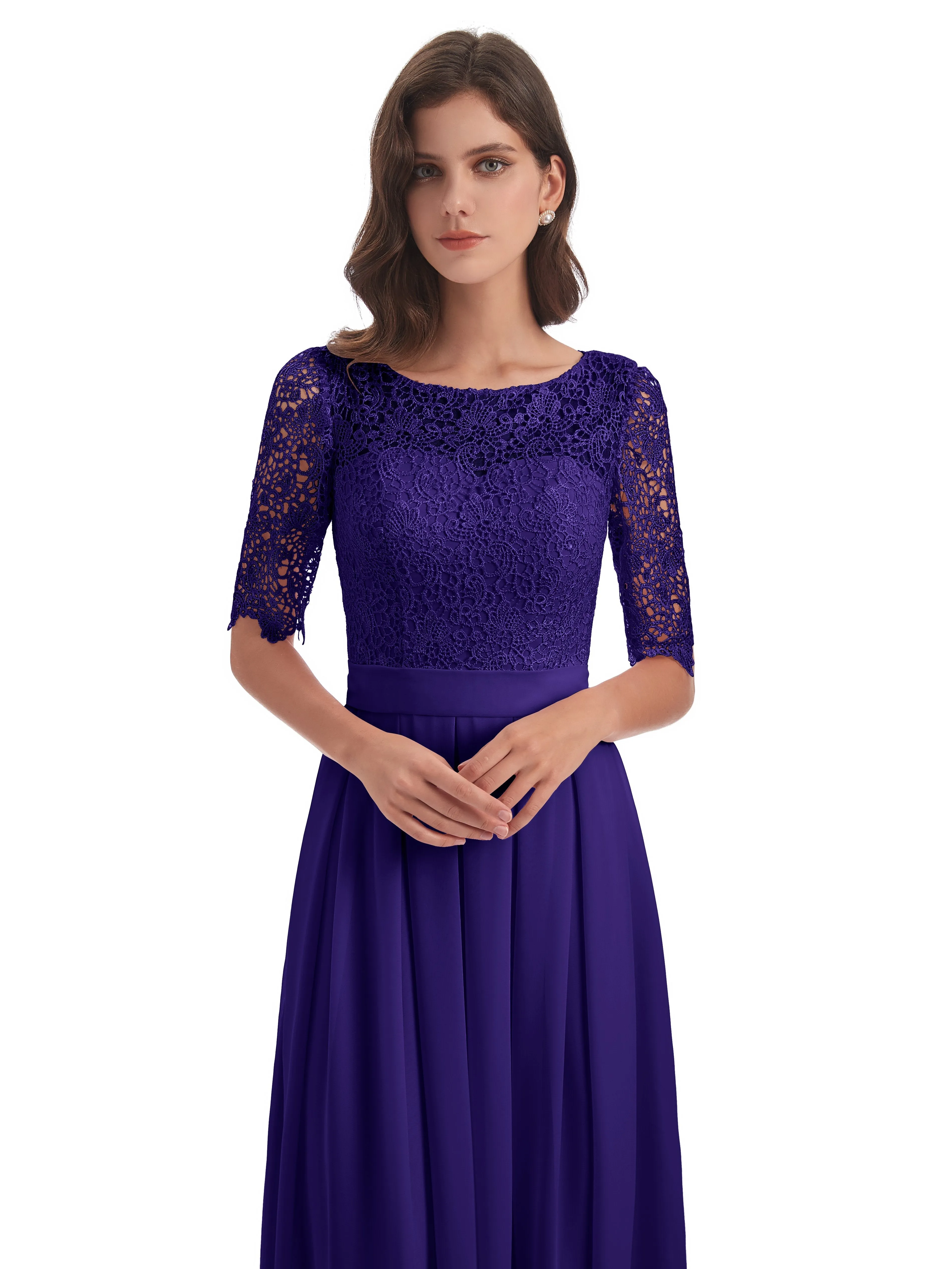 Brielle Impressive Lace Half Sleeves Chiffon Long Bridesmaid Dresses