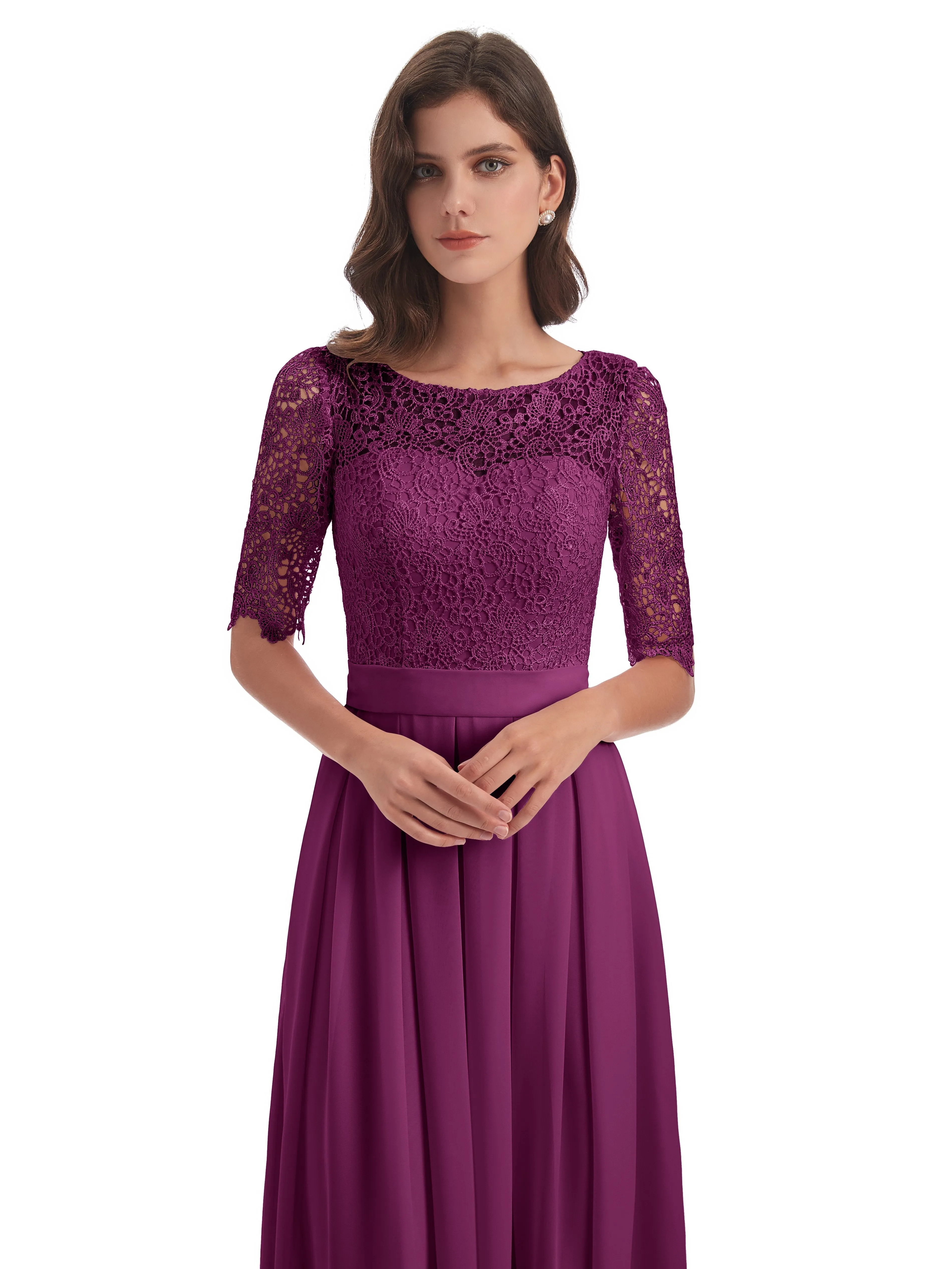 Brielle Impressive Lace Half Sleeves Chiffon Long Bridesmaid Dresses