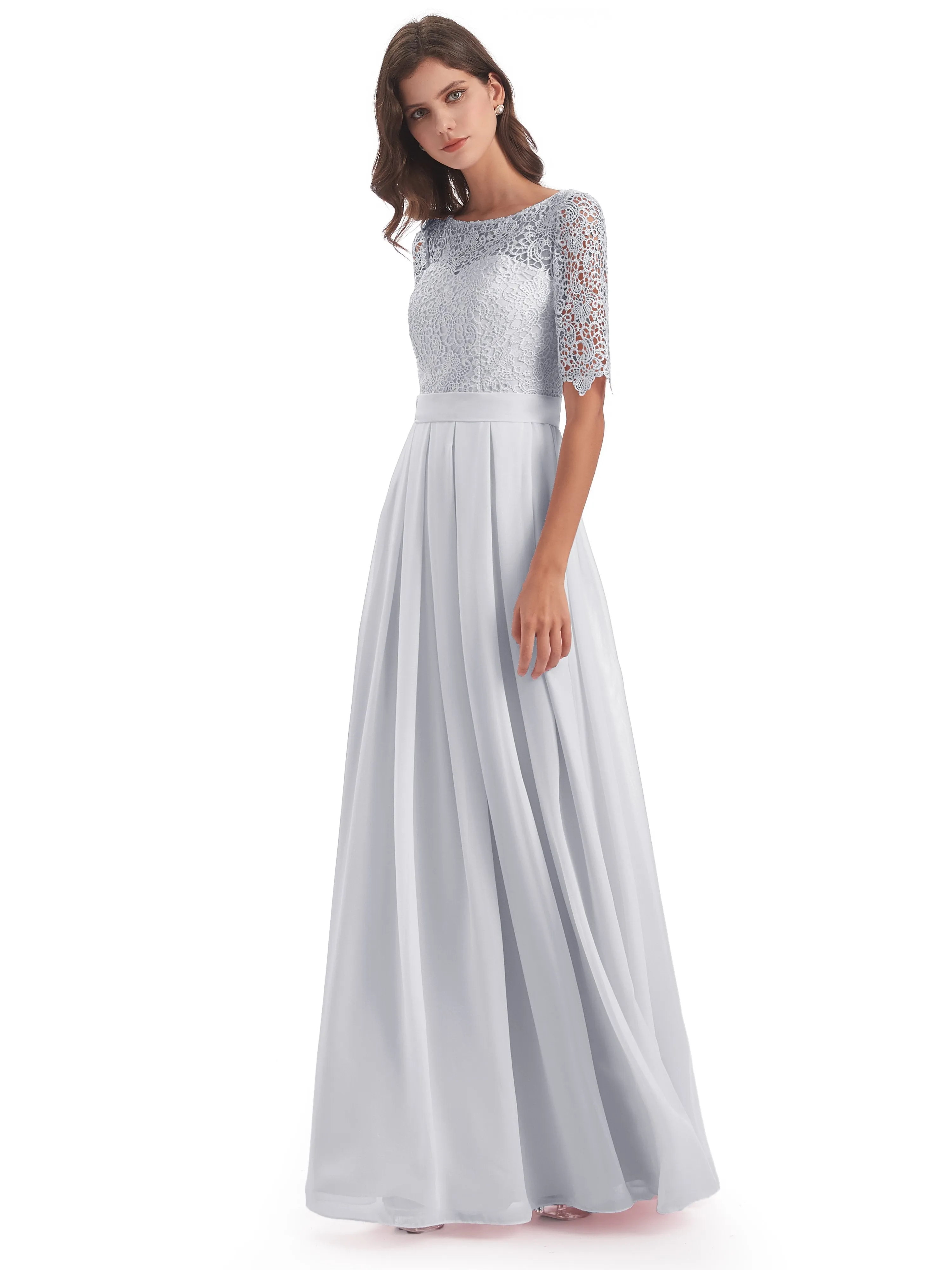 Brielle Impressive Lace Half Sleeves Chiffon Long Bridesmaid Dresses