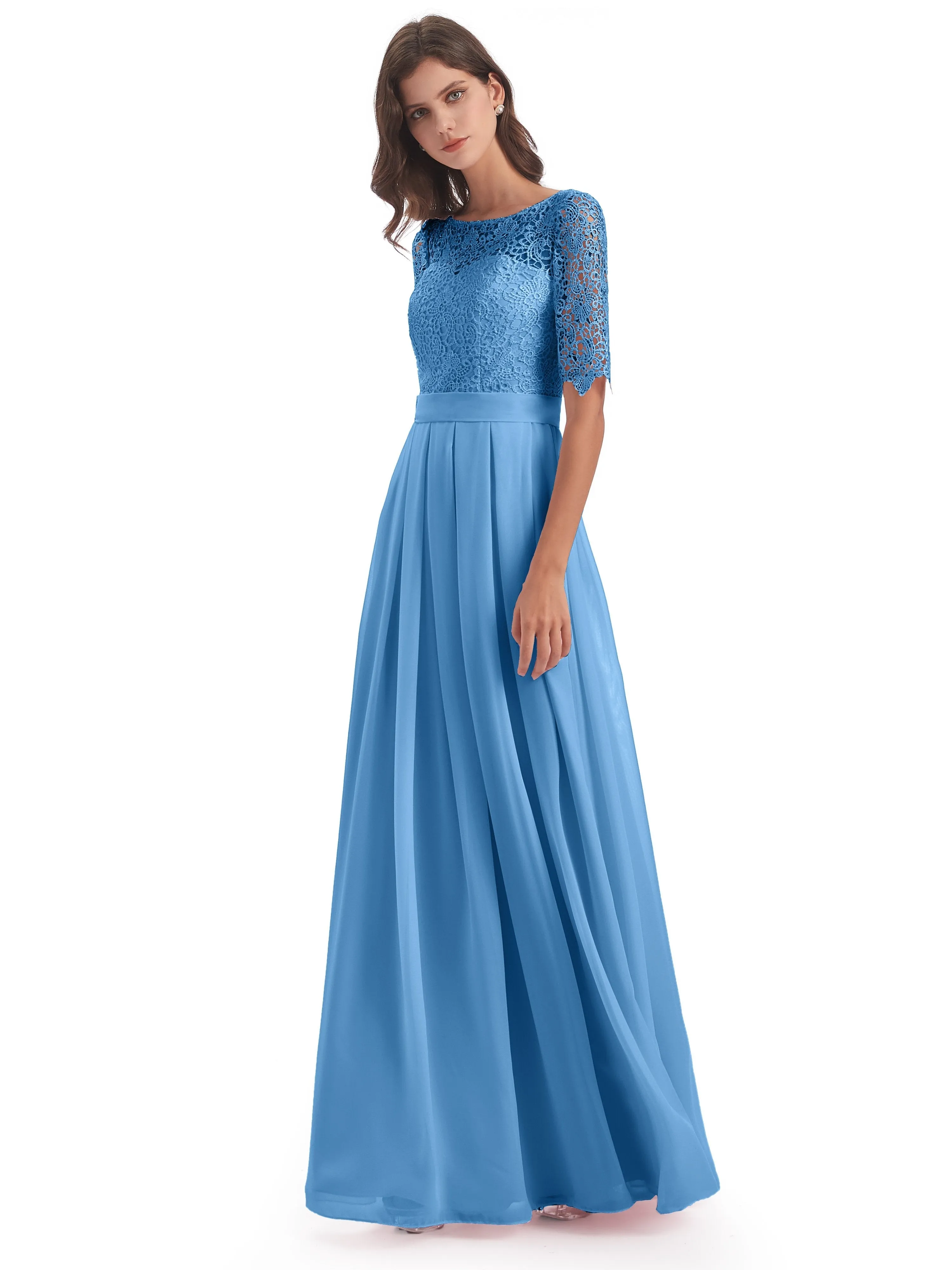 Brielle Impressive Lace Half Sleeves Chiffon Long Bridesmaid Dresses