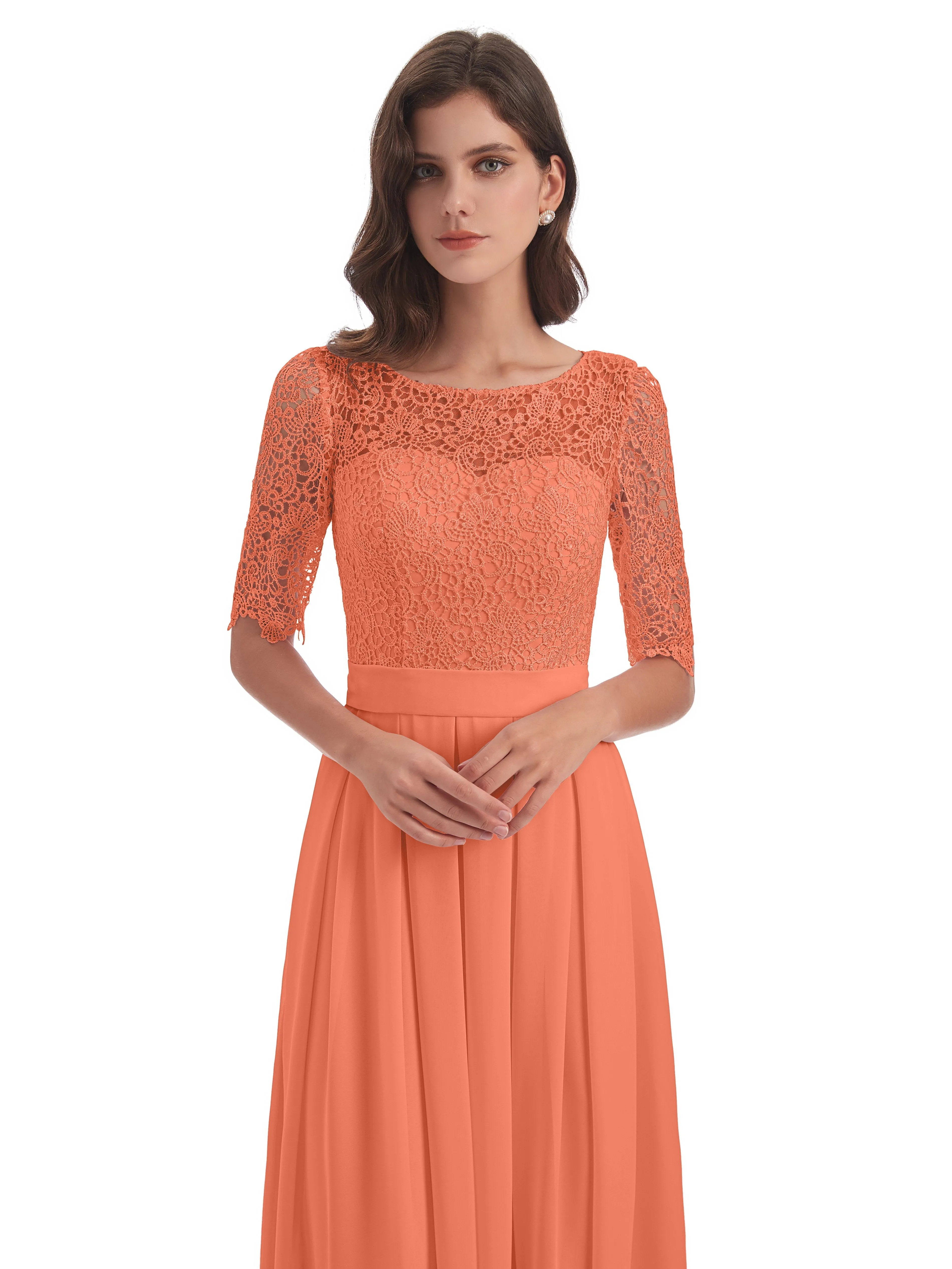 Brielle Impressive Lace Half Sleeves Chiffon Long Bridesmaid Dresses