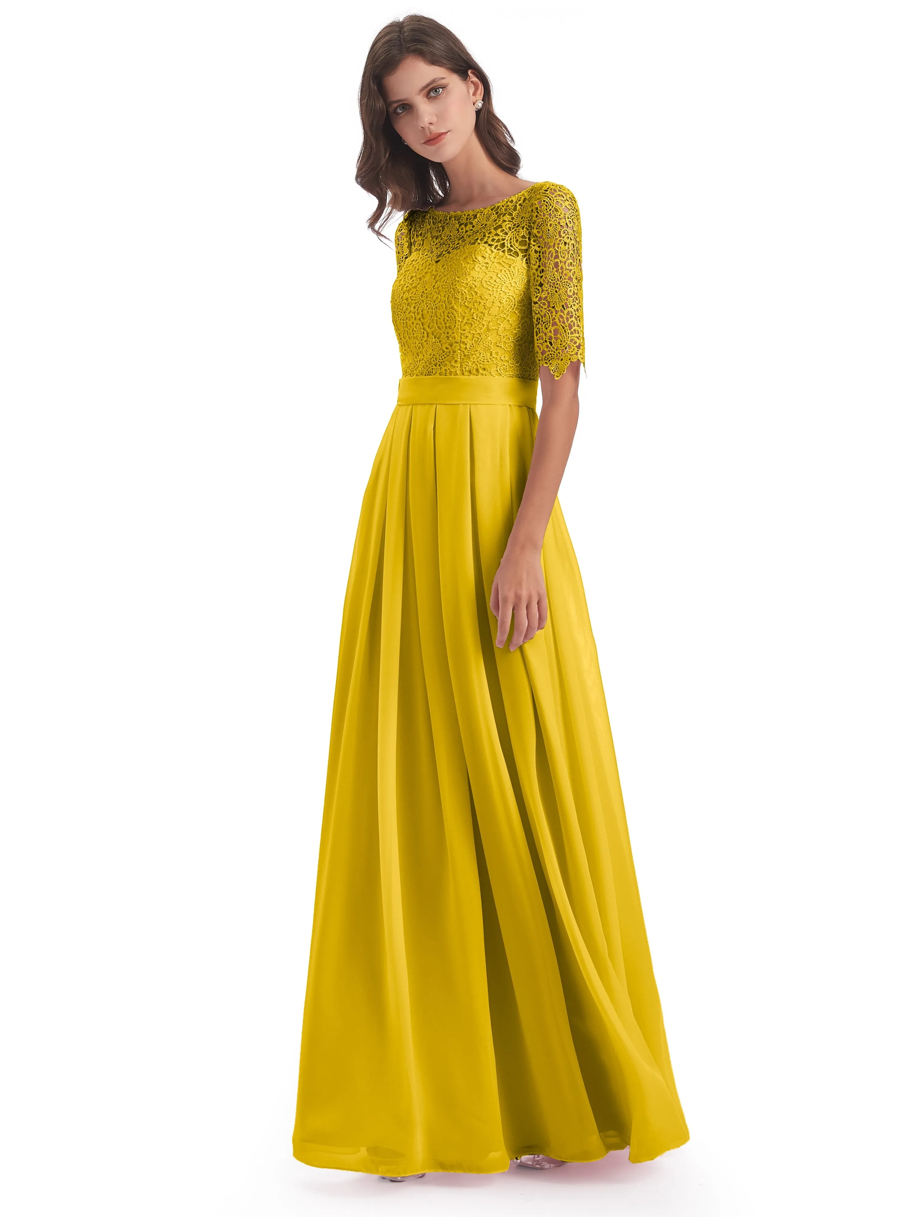 Brielle Impressive Lace Half Sleeves Chiffon Long Bridesmaid Dresses