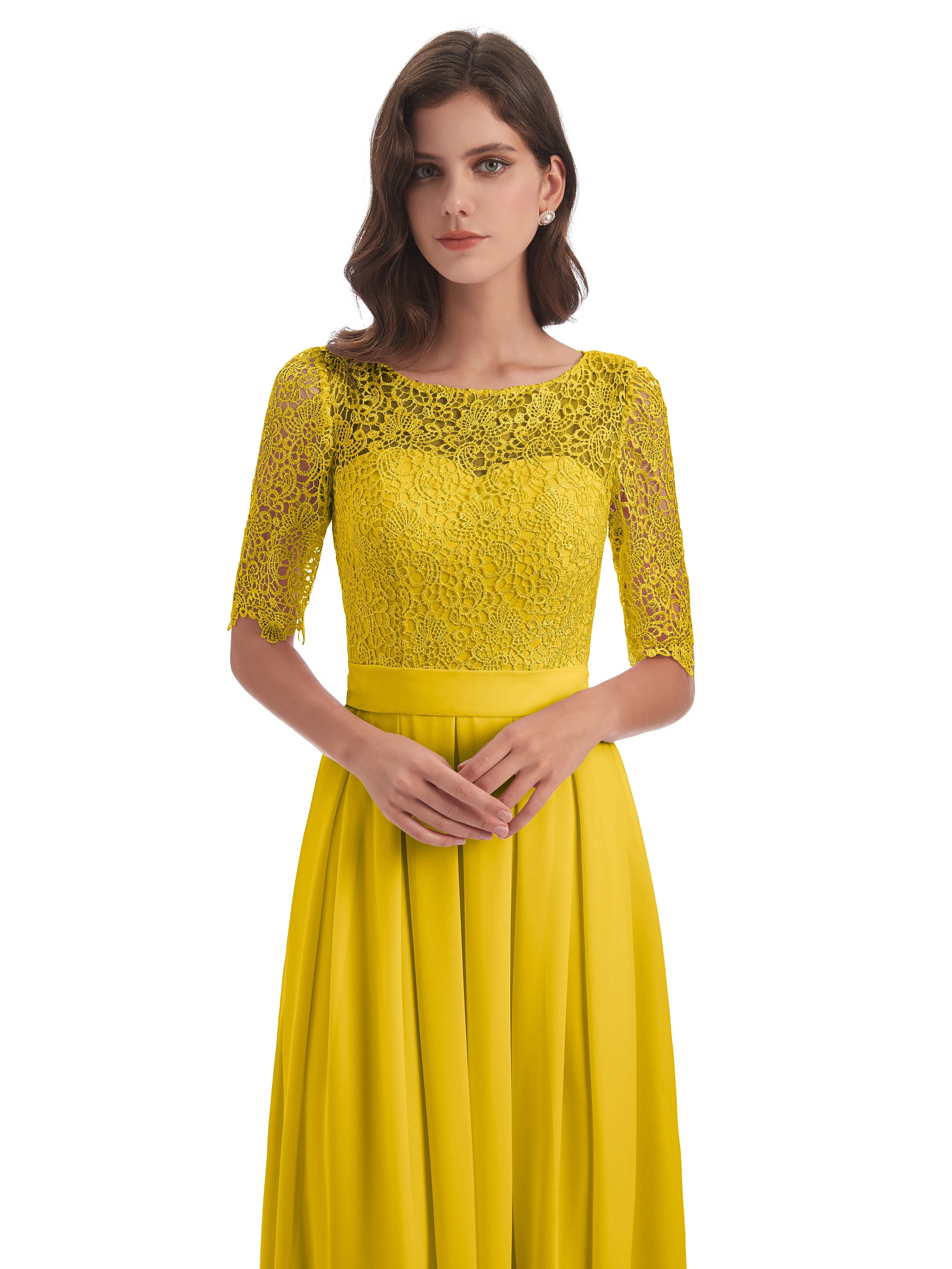 Brielle Impressive Lace Half Sleeves Chiffon Long Bridesmaid Dresses