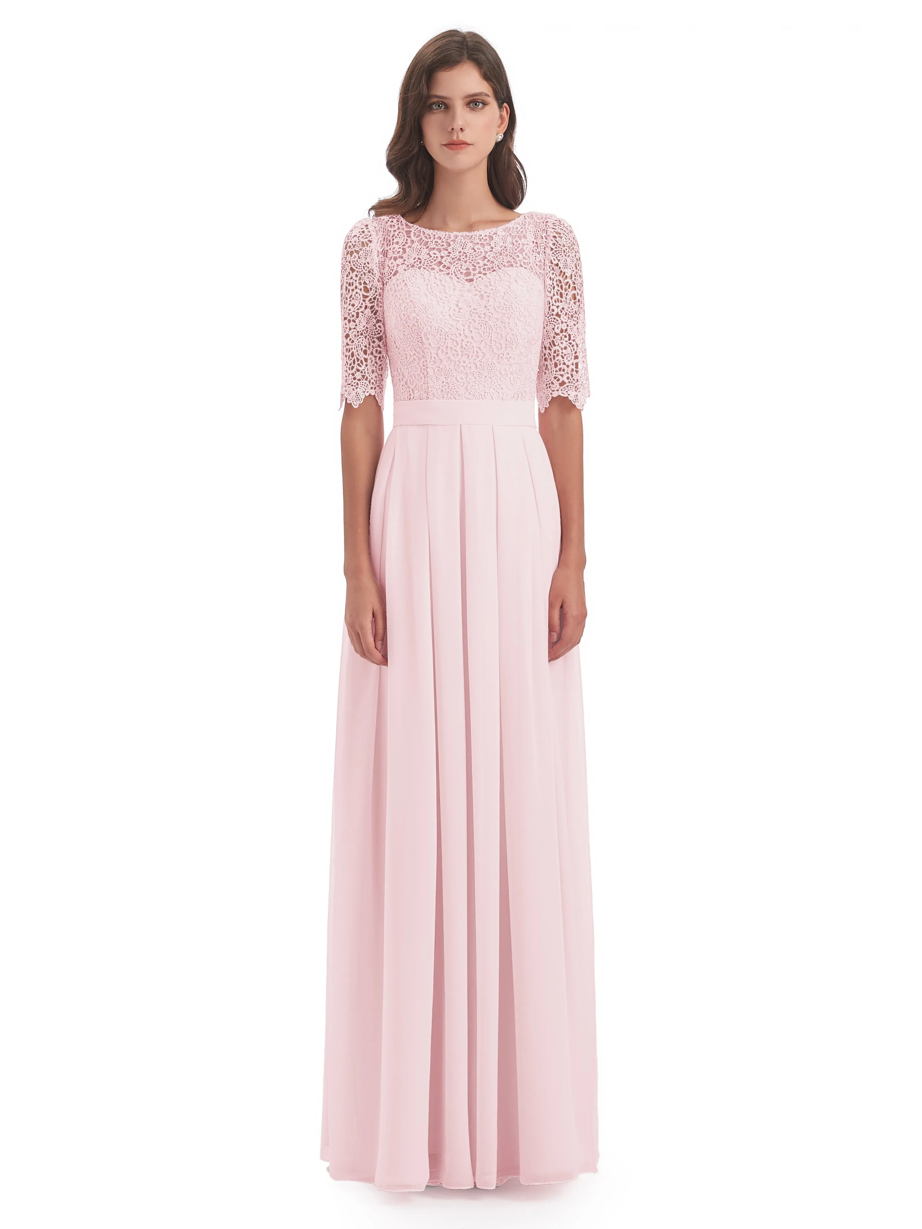 Brielle Impressive Lace Half Sleeves Chiffon Long Bridesmaid Dresses