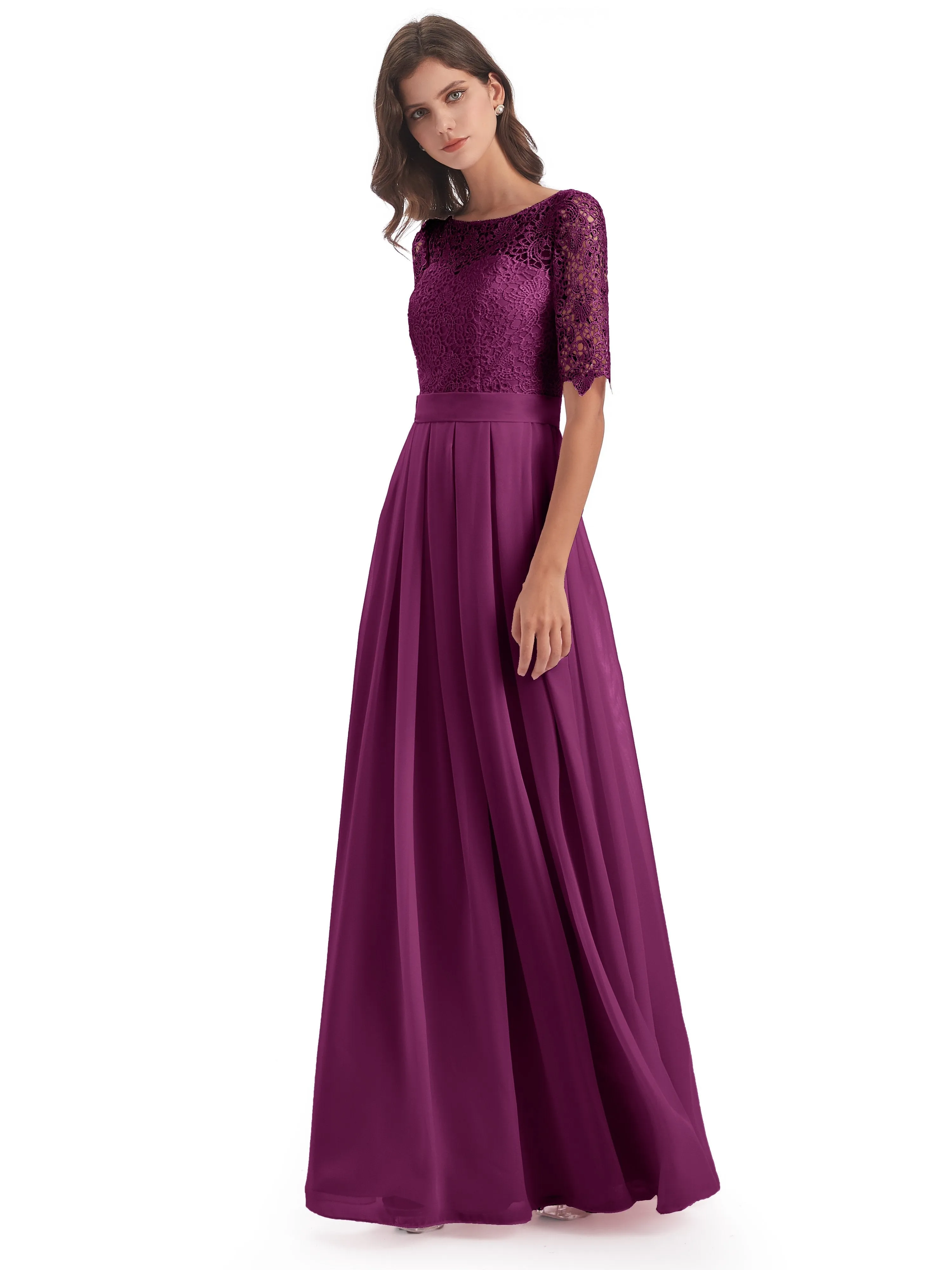 Brielle Impressive Lace Half Sleeves Chiffon Long Bridesmaid Dresses