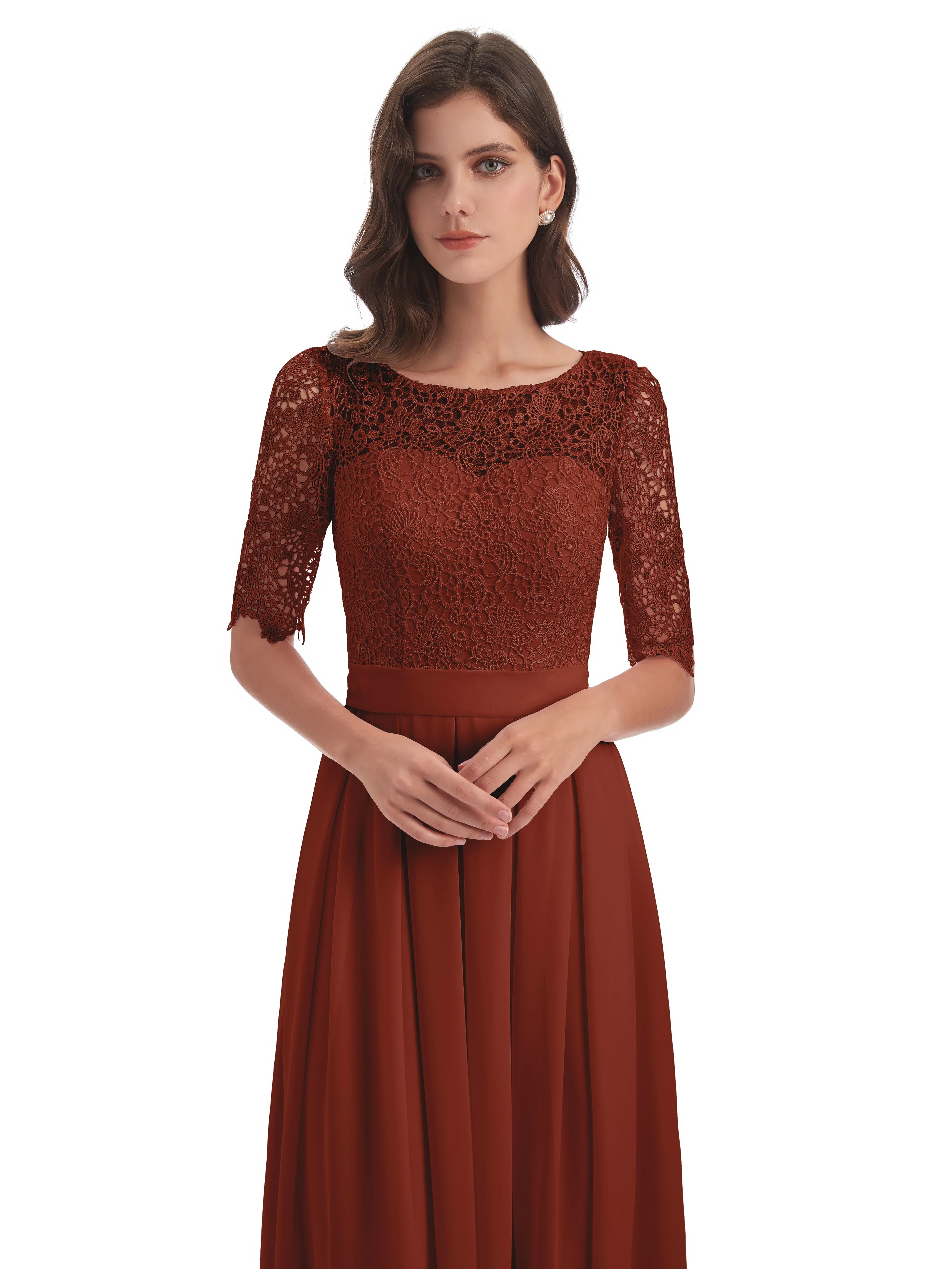 Brielle Impressive Lace Half Sleeves Chiffon Long Bridesmaid Dresses