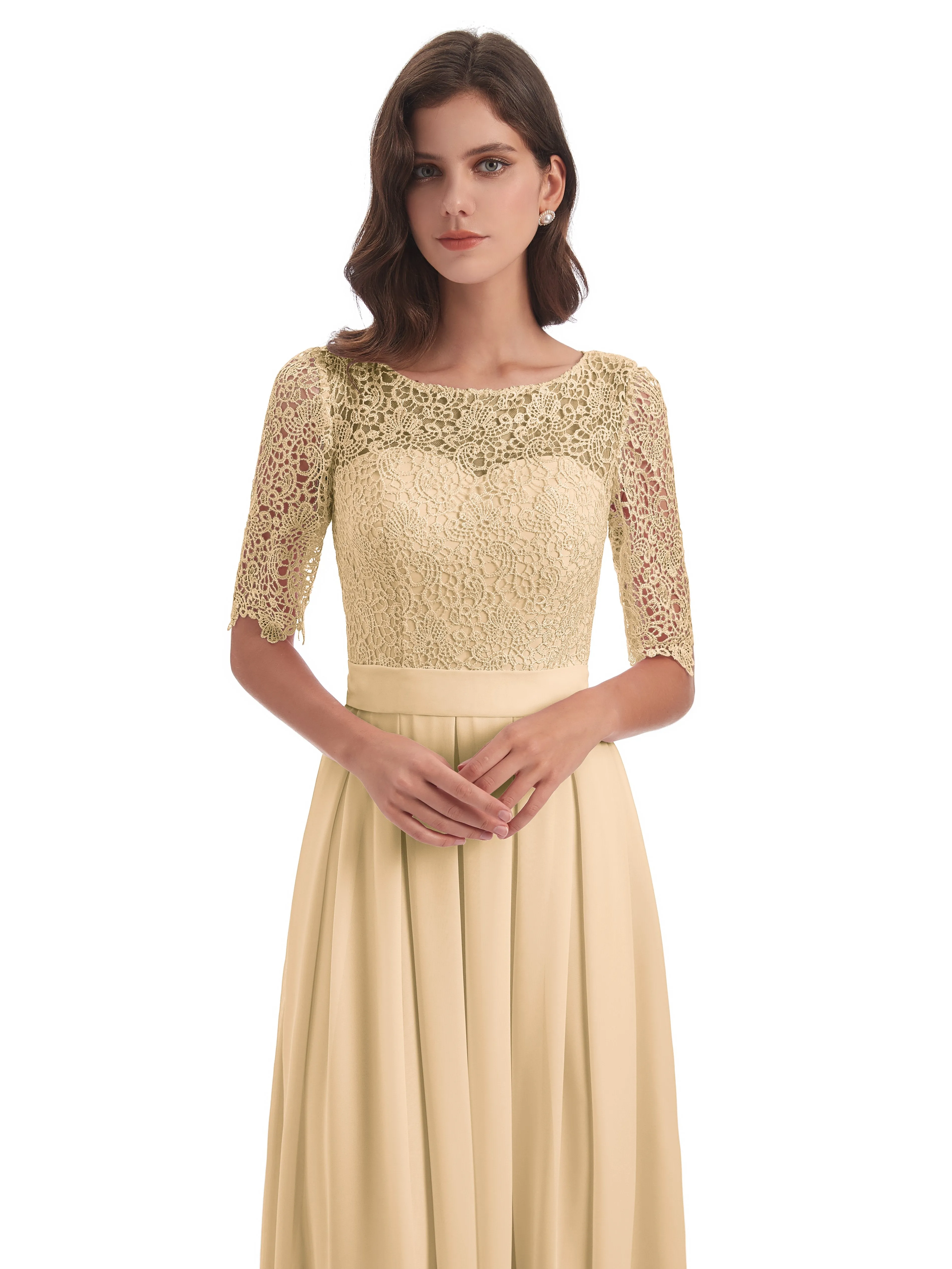 Brielle Impressive Lace Half Sleeves Chiffon Long Bridesmaid Dresses