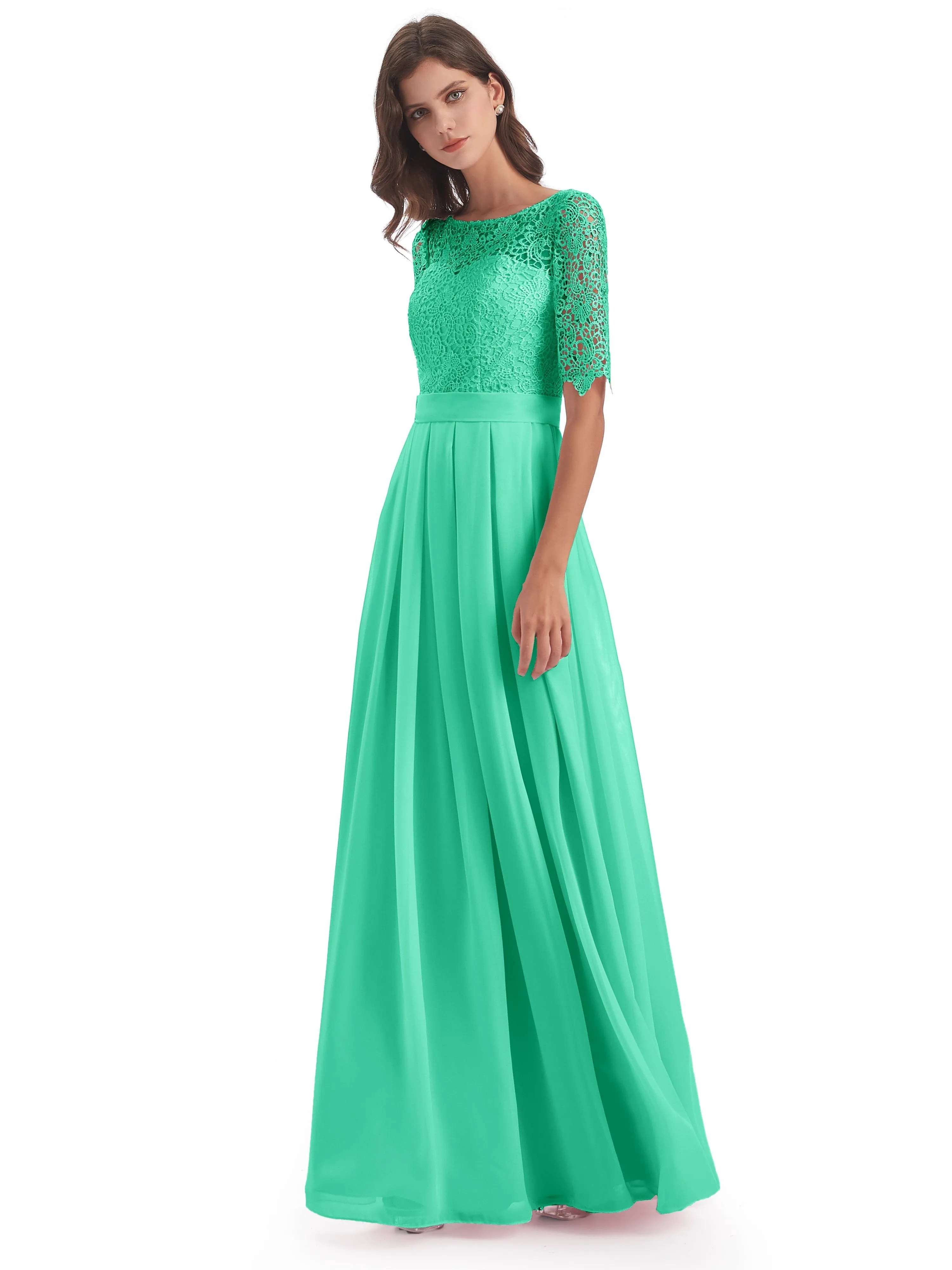 Brielle Impressive Lace Half Sleeves Chiffon Long Bridesmaid Dresses