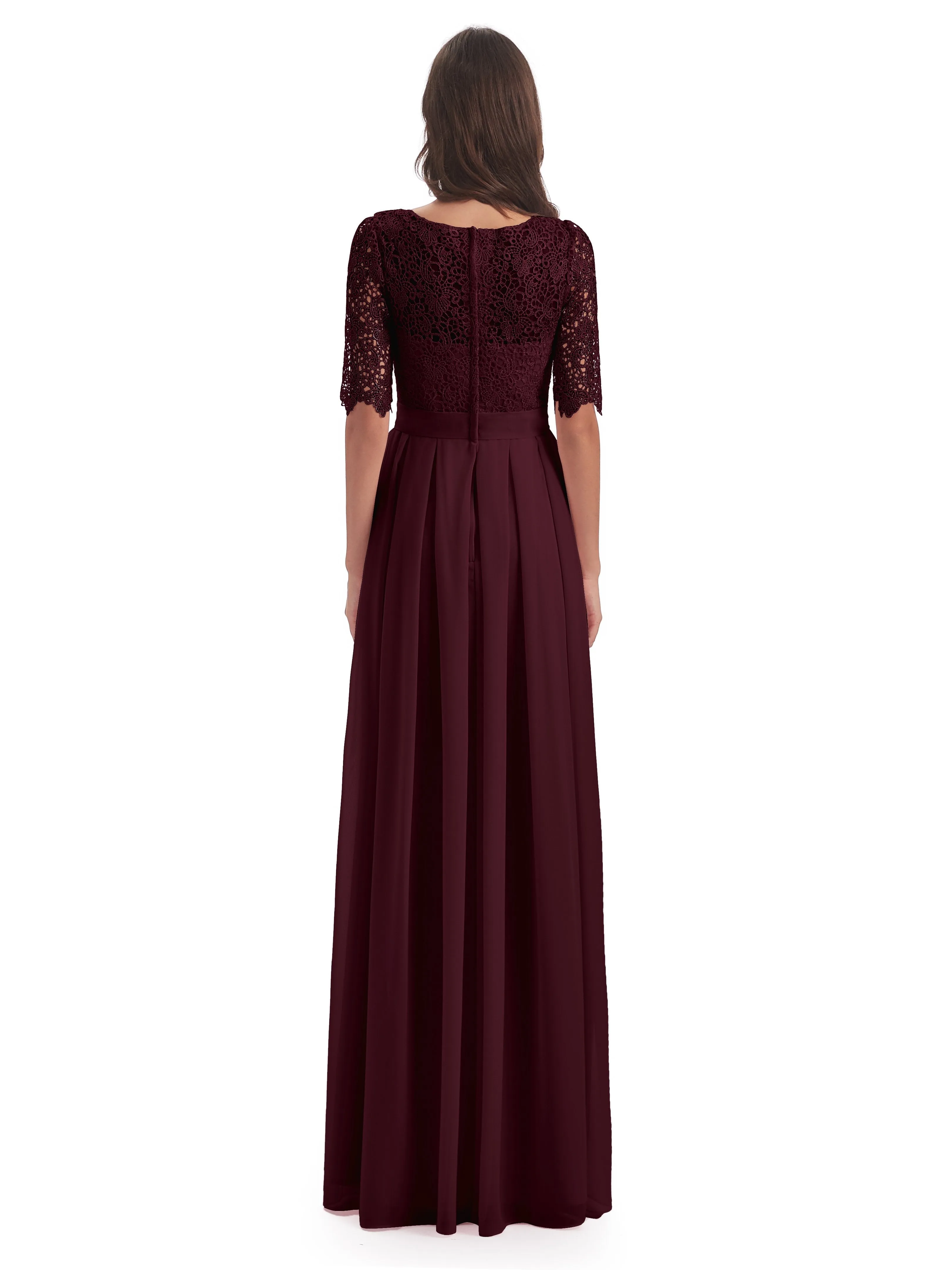 Brielle Impressive Lace Half Sleeves Chiffon Long Bridesmaid Dresses