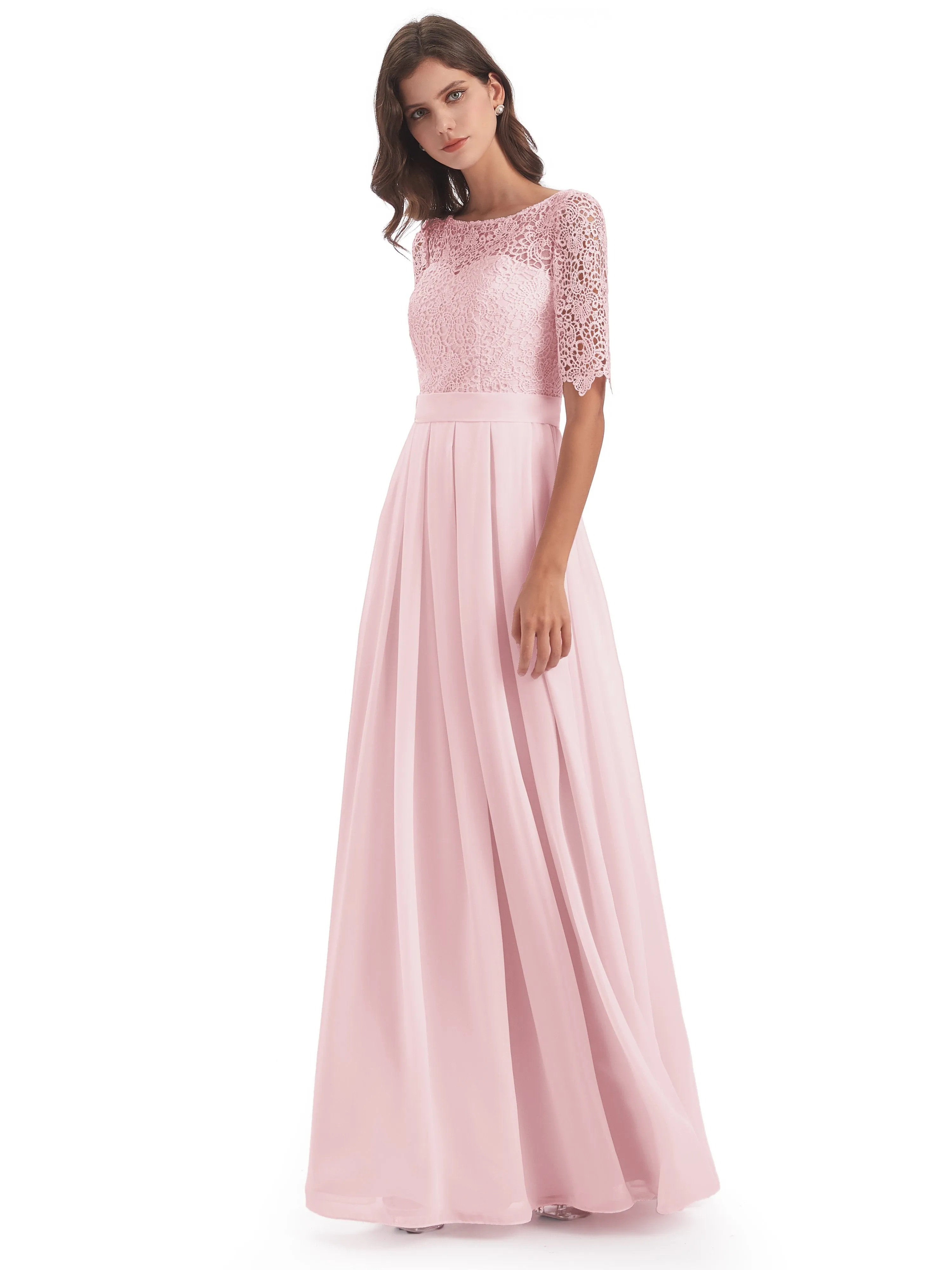 Brielle Impressive Lace Half Sleeves Chiffon Long Bridesmaid Dresses