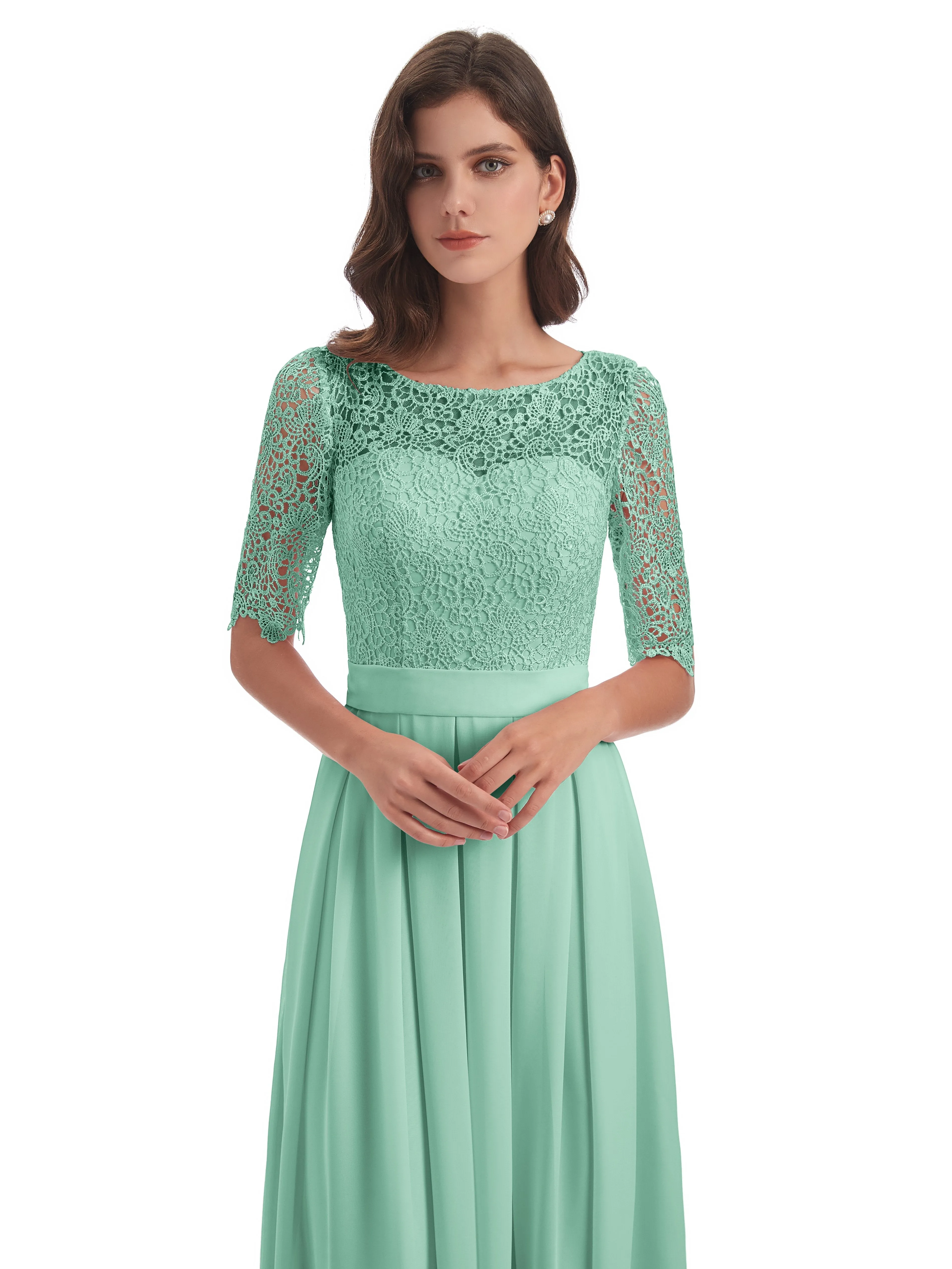 Brielle Impressive Lace Half Sleeves Chiffon Long Bridesmaid Dresses