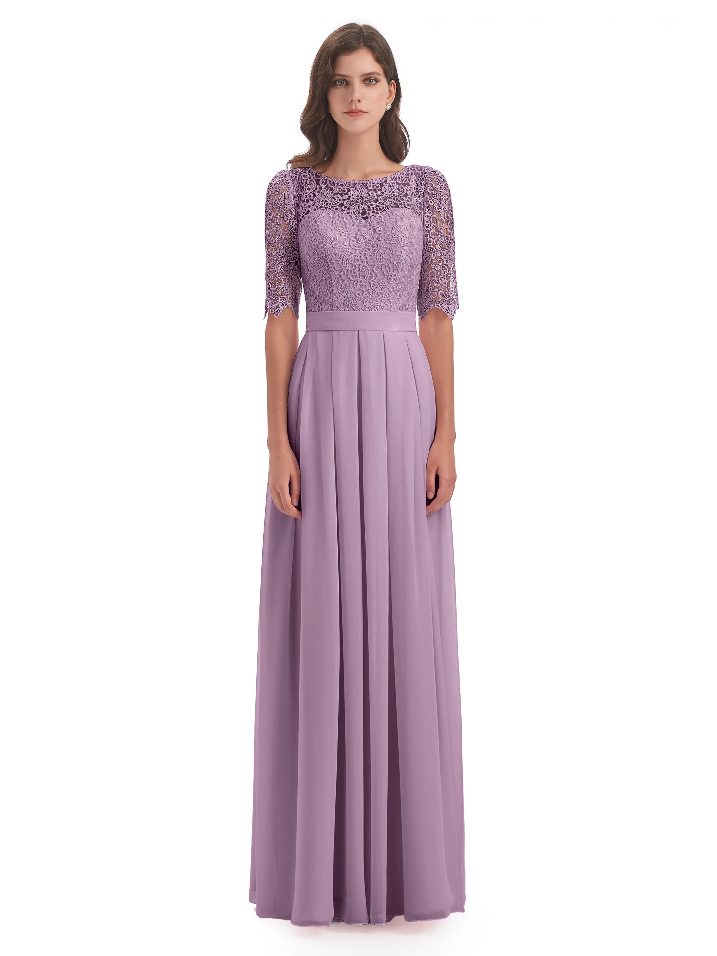 Brielle Impressive Lace Half Sleeves Chiffon Long Bridesmaid Dresses