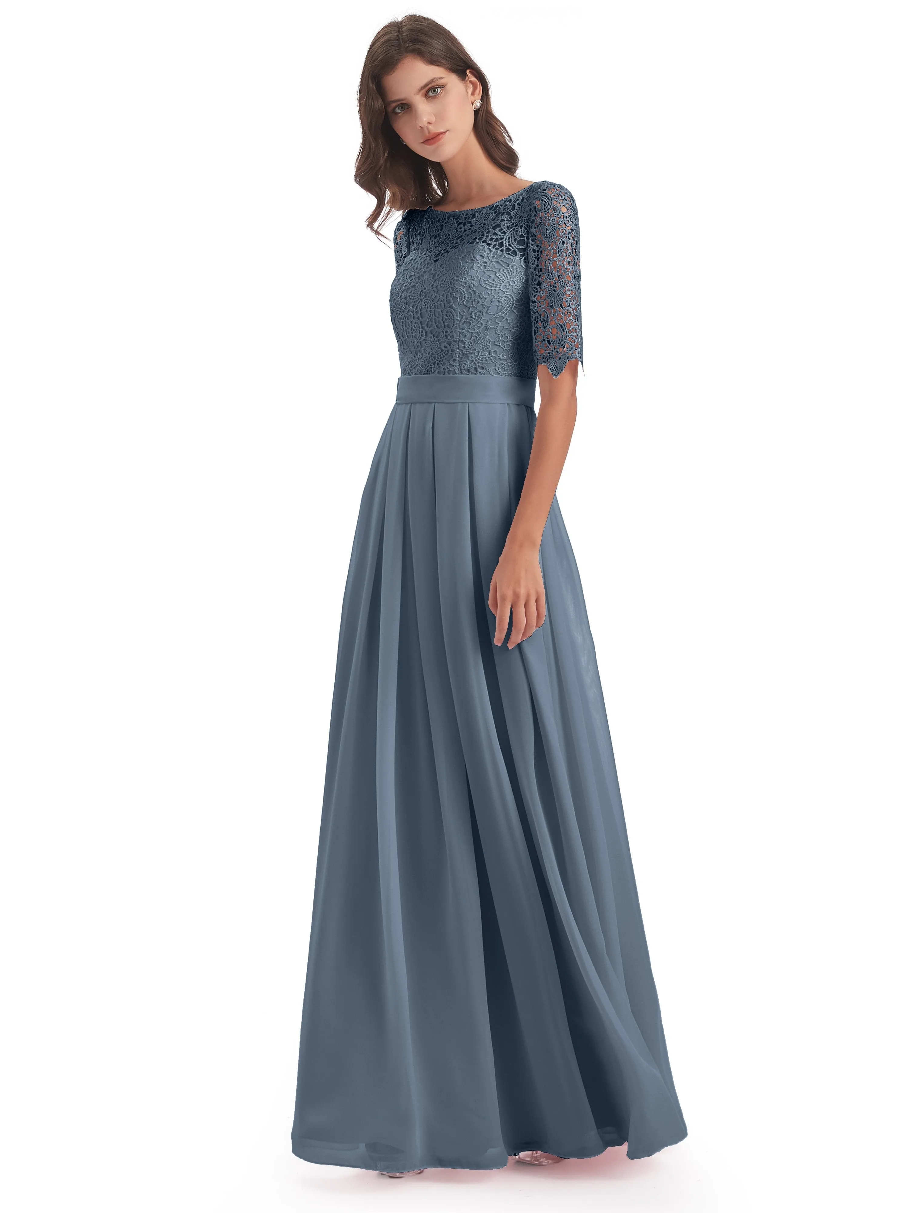 Brielle Impressive Lace Half Sleeves Chiffon Long Bridesmaid Dresses