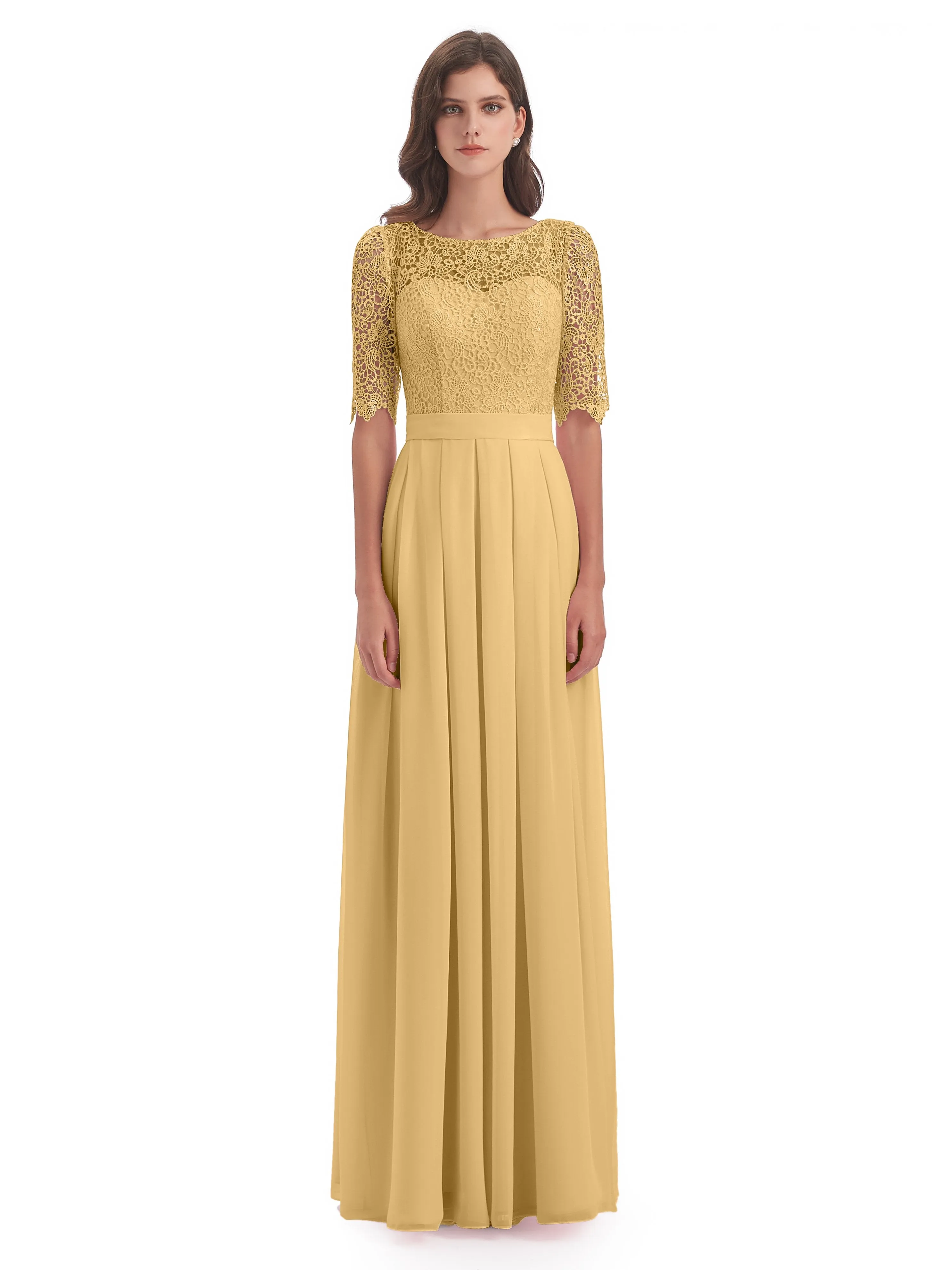 Brielle Impressive Lace Half Sleeves Chiffon Long Bridesmaid Dresses