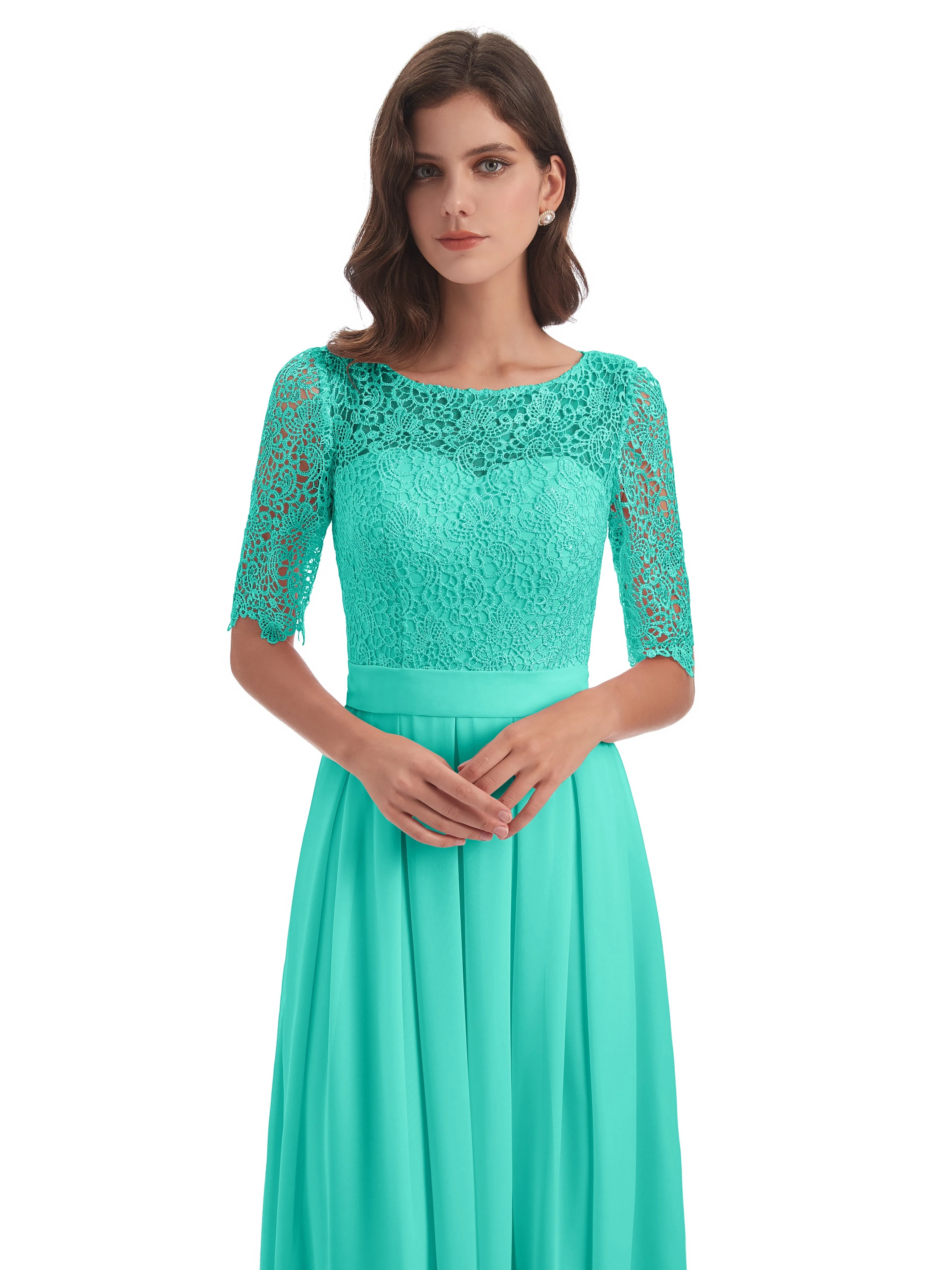 Brielle Impressive Lace Half Sleeves Chiffon Long Bridesmaid Dresses