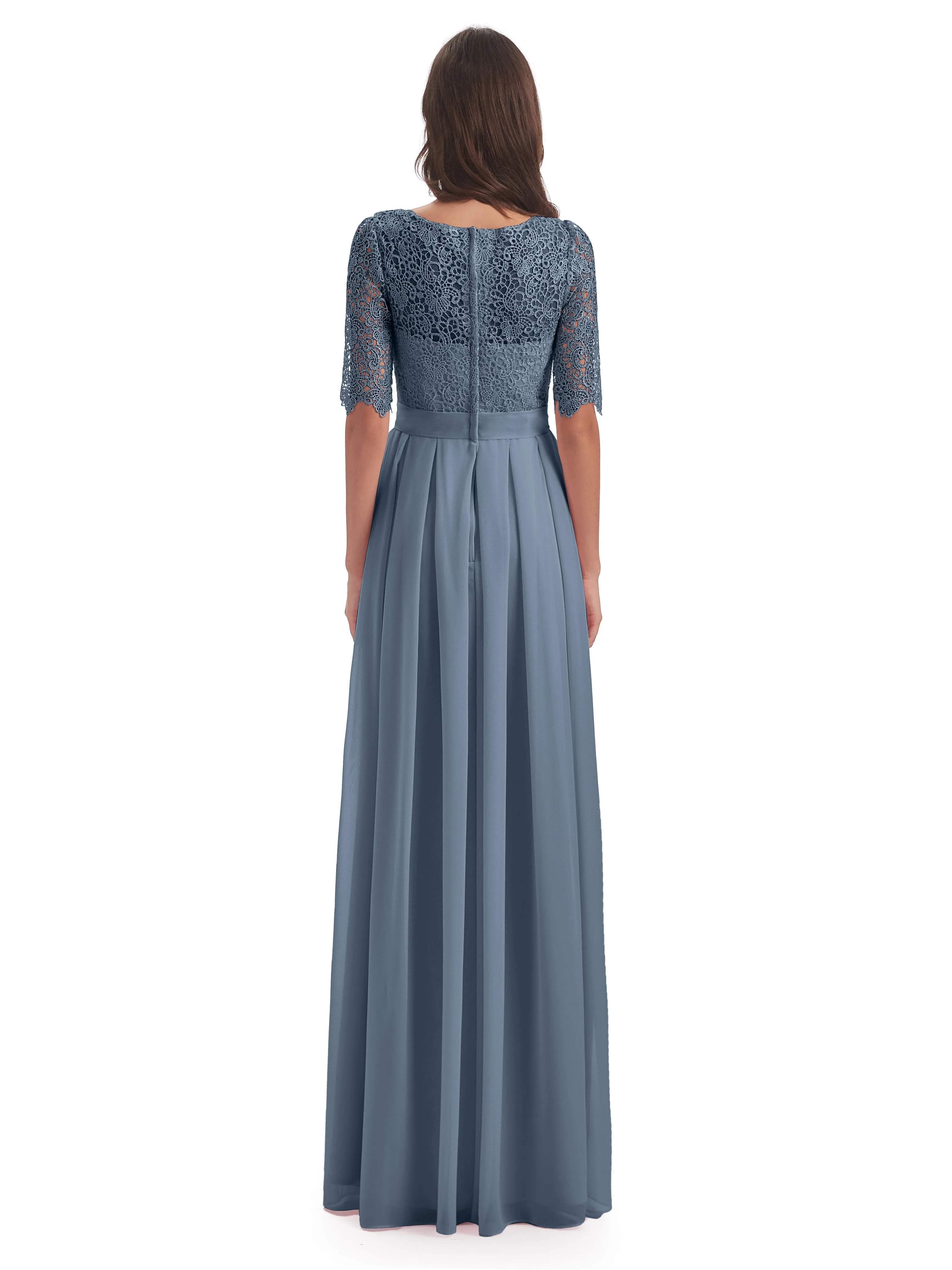 Brielle Impressive Lace Half Sleeves Chiffon Long Bridesmaid Dresses